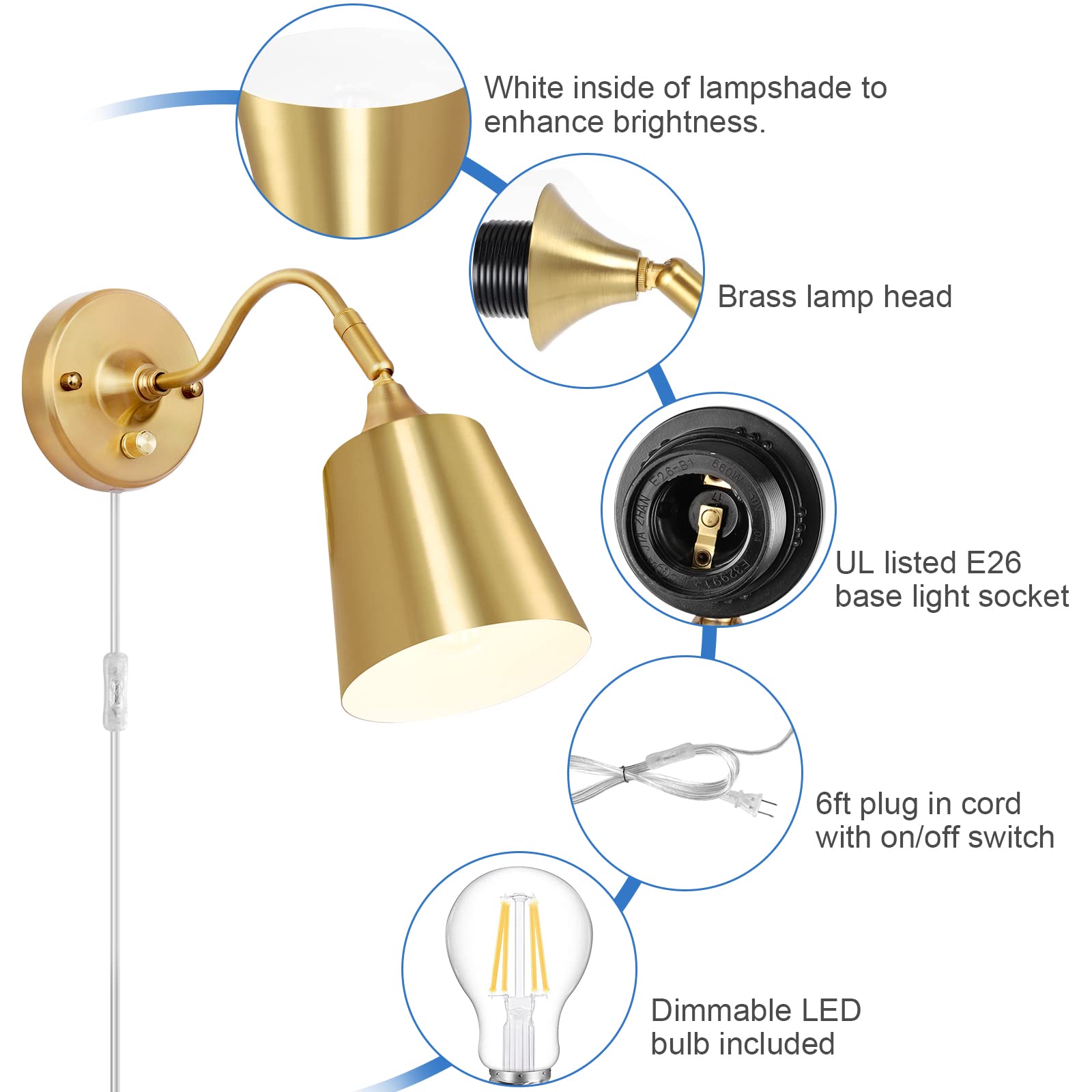 TRLIFE Wall Sconce Plug in, Dimmable Wall Sconces Adjustable Gold Wall Lights with Plug in Cord and Dimmer On/Off Knob Switch, W
