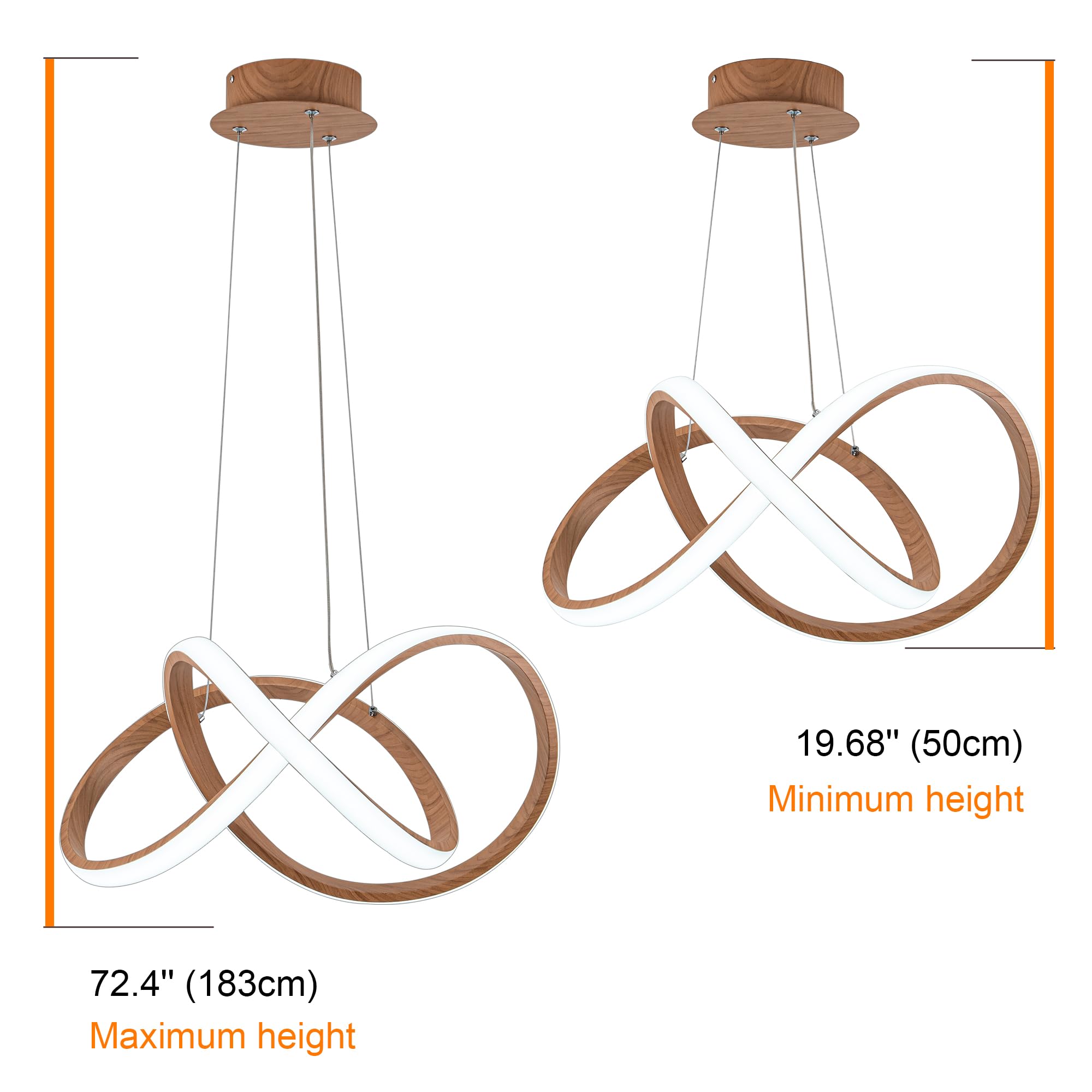 MAYNA Modern LED Chandelier - Adjustable Wood Finish Pendant Light, Irregular Ring Design, 6000K Daylight, Model YG-4606-3P-D22