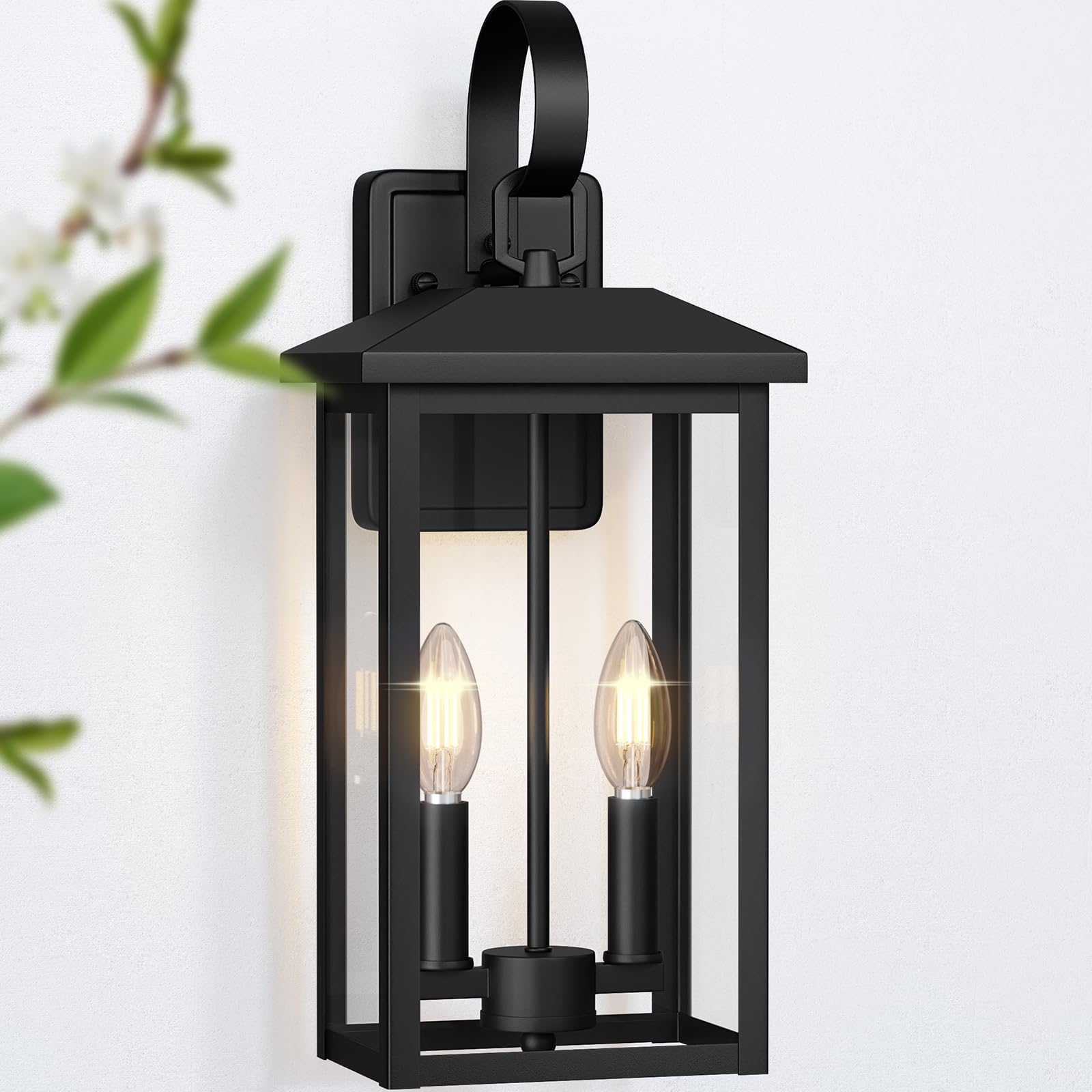 18&quot; Large Black Outdoor Wall Light Fixture, 2-Light Waterproof Etl Listed Outdoor Wall Lamp With Clear Glass, E12 Socket, Aluminum Outside Garage Light Lantern For House, Porch, Patio, Garage