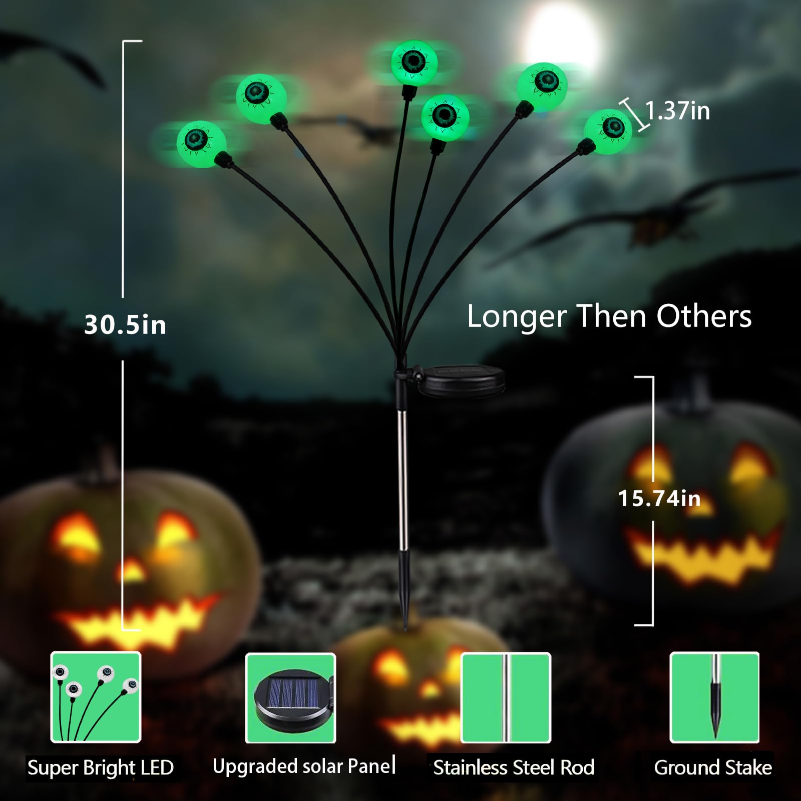 YIQU 6Pack Eyeball Lights, 36LED Solar Halloween Decorations, Waterproof Green, for Garden Pathway Grave Decor