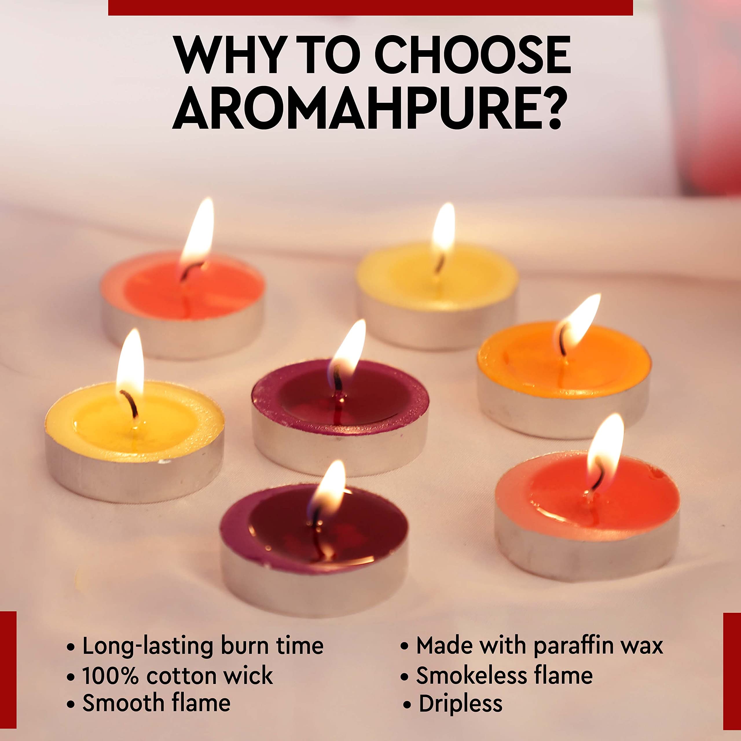 Aromahpure Scented Decorative Tealight Candles | Wax Tealight Candle | 10 gm, 100 Pcs |Assorted Smokeless Candles | 3 Hours Burn