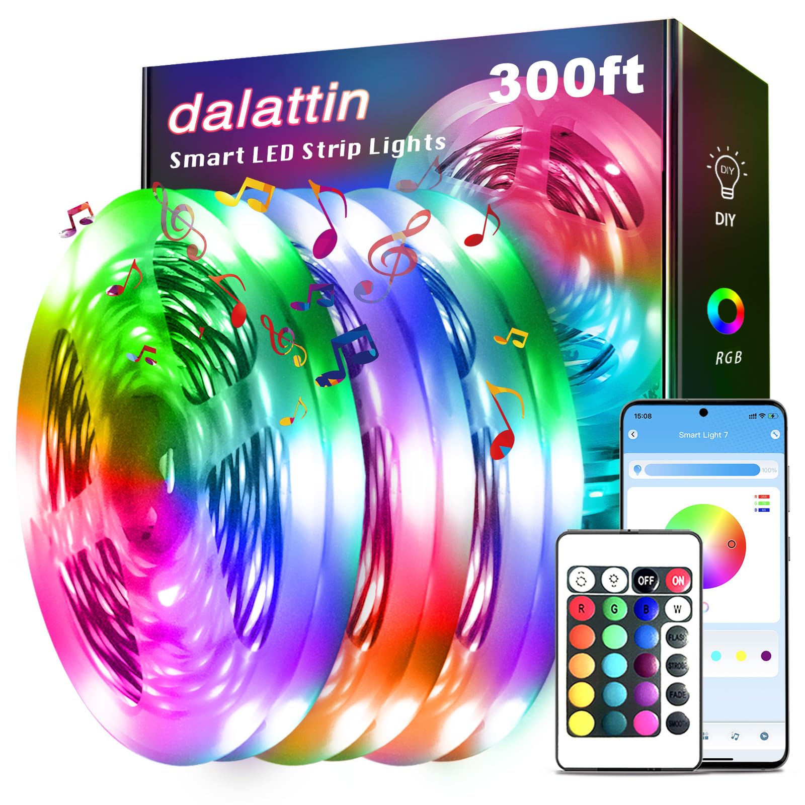 dalattin Led Lights for Bedroom 300ft, Smart Led Strip Lights with App Control Remote, RGB LED Light Strips, 24V Led Strip Lights for Room Decoration Party,Halloween Decor(3 Rolls of 100ft)
