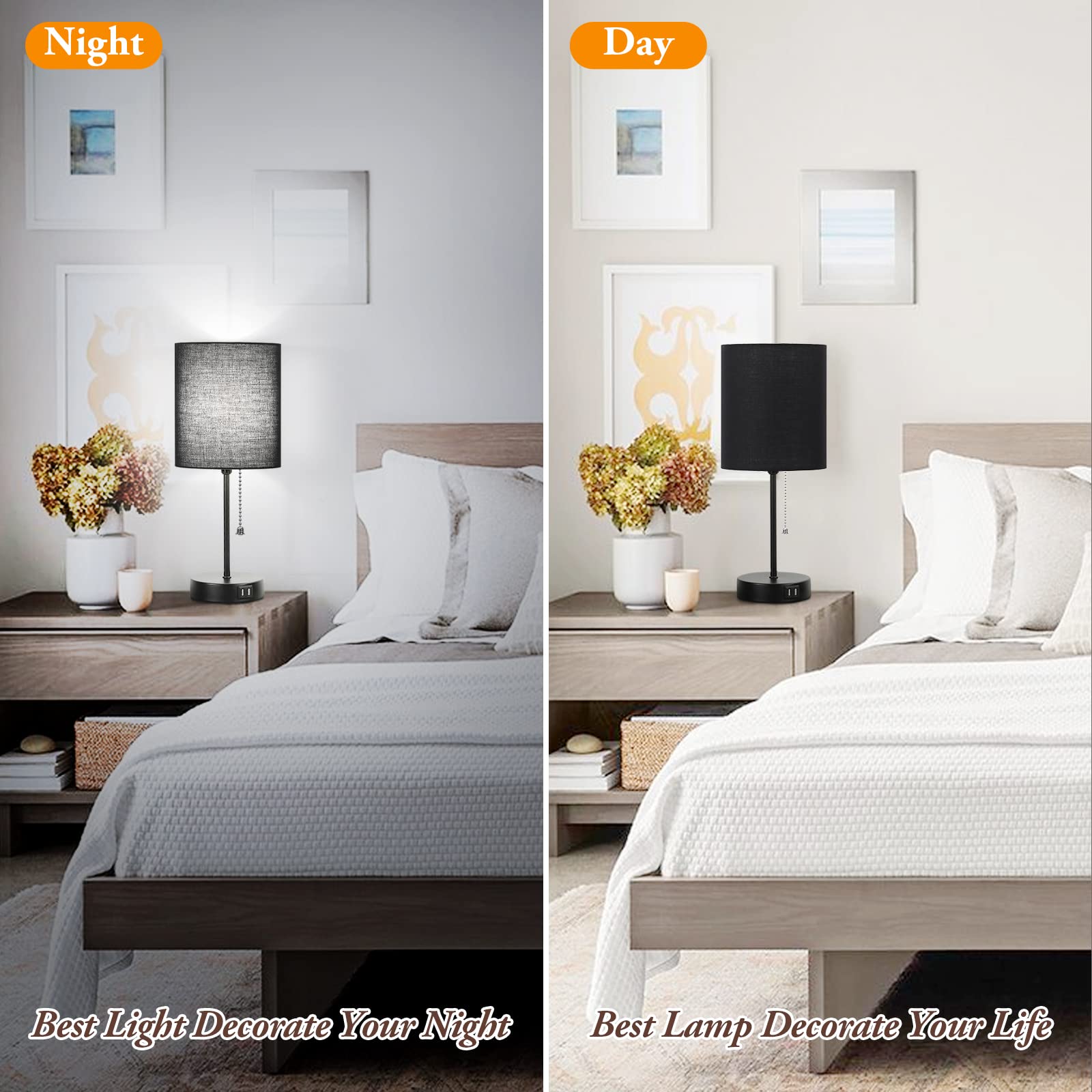 Table Lamps Set Of 2 With Usb Charging Ports, Black Bedside Lamps With Ac Outlet, Nightstand Lamps With Pull Chain Switch, Minim