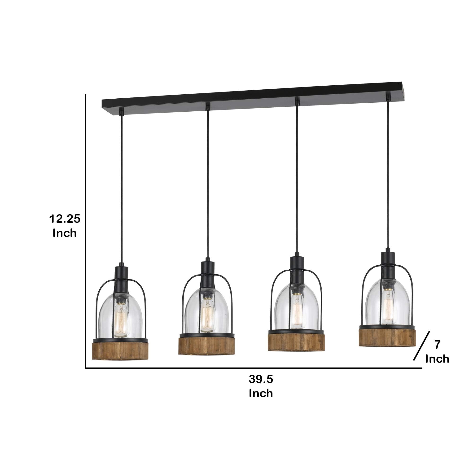 Benzara Metal Pendant Fixture, 4 Lantern Design Glass Shade, Black and Clear, Model BM224967