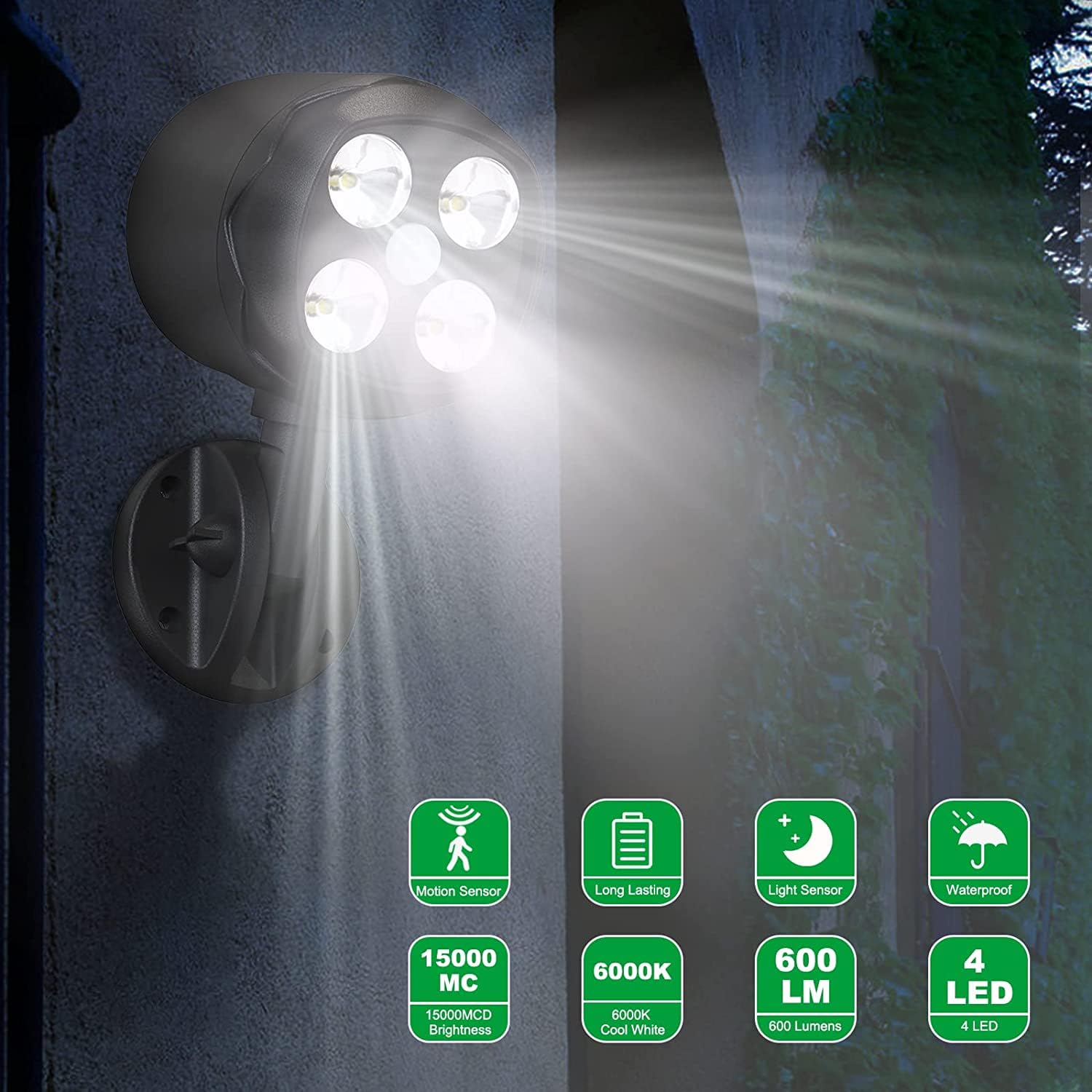 Yuyotrre Motion Sensor Lights - 12W 600 Lumen, Battery Operated, Black, 2 Packs, Model yy-4018, Ideal for Outdoor Use