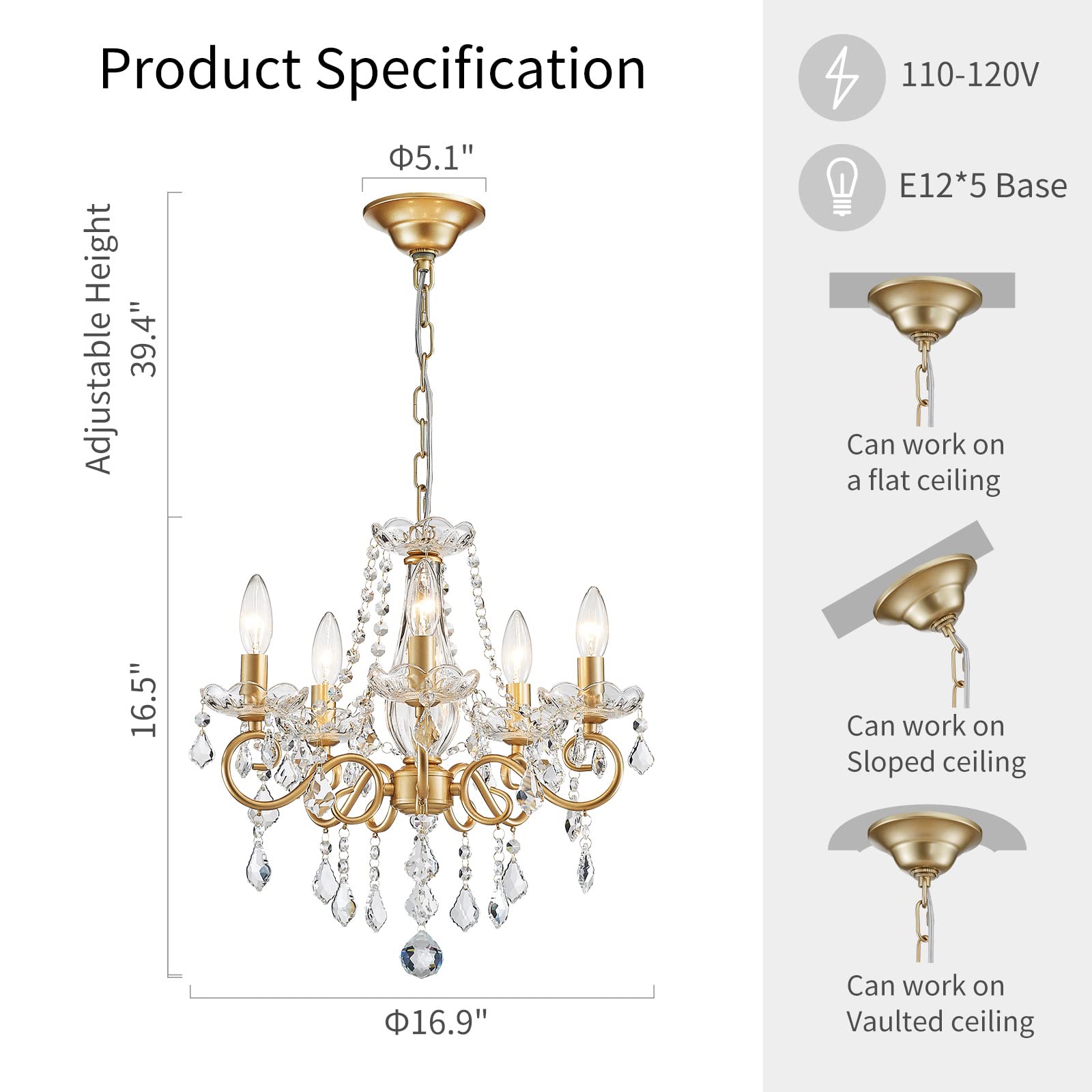 ANJIADENGSHI Mini Crystal Chandelier, K9 Crystal, Gold, 16.5" High x 17" Wide, Model CL-0011G, Perfect for Living Room Lighting