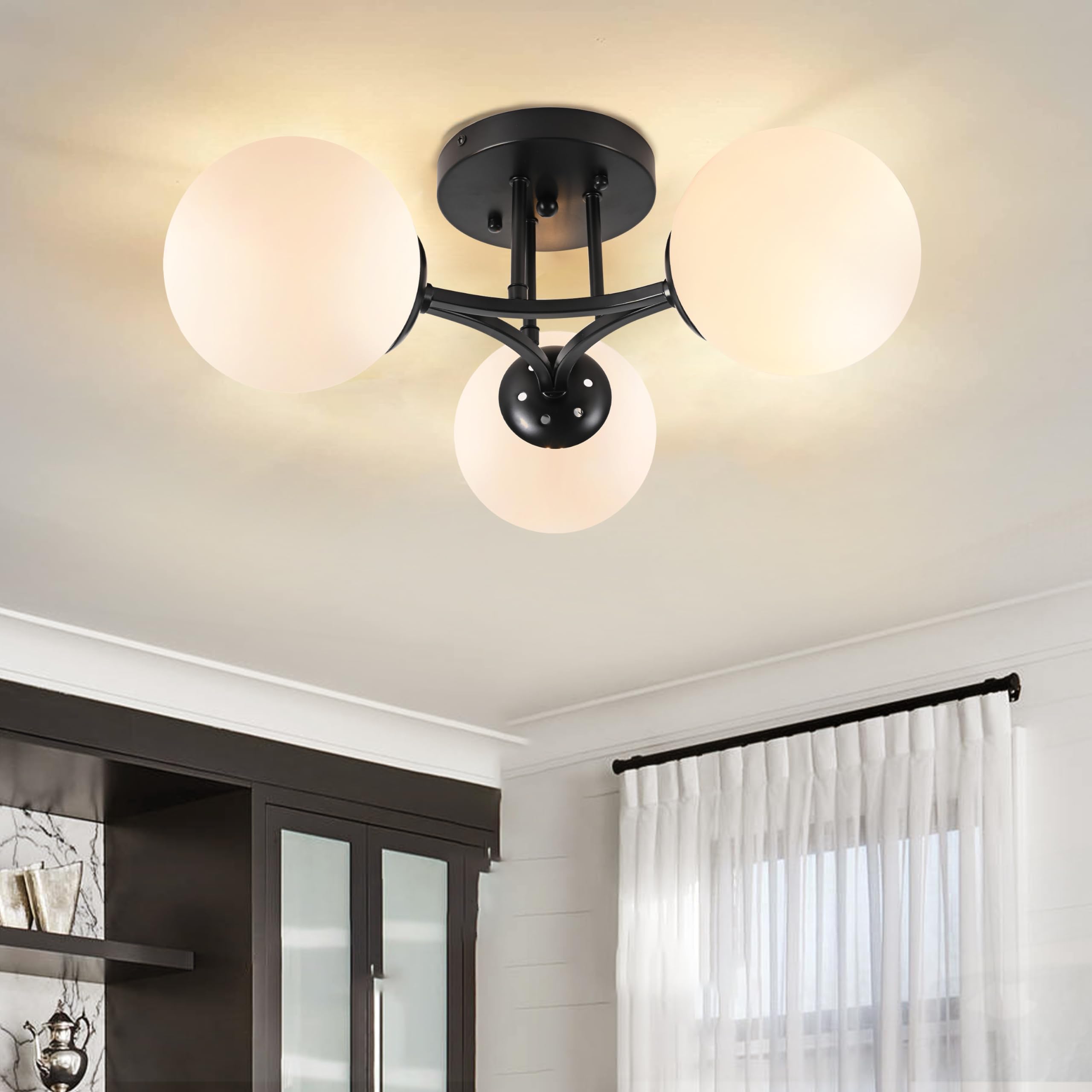 Bagood 3 Lights Modern Globe Ceiling Light Semi Flush Mount Ceiling Light Mid Century Ceiling Light Sputnik Light Fixture Chandeliers Frosted Glass Matte Black Chandeliers For Hallway Laundry Bedroom