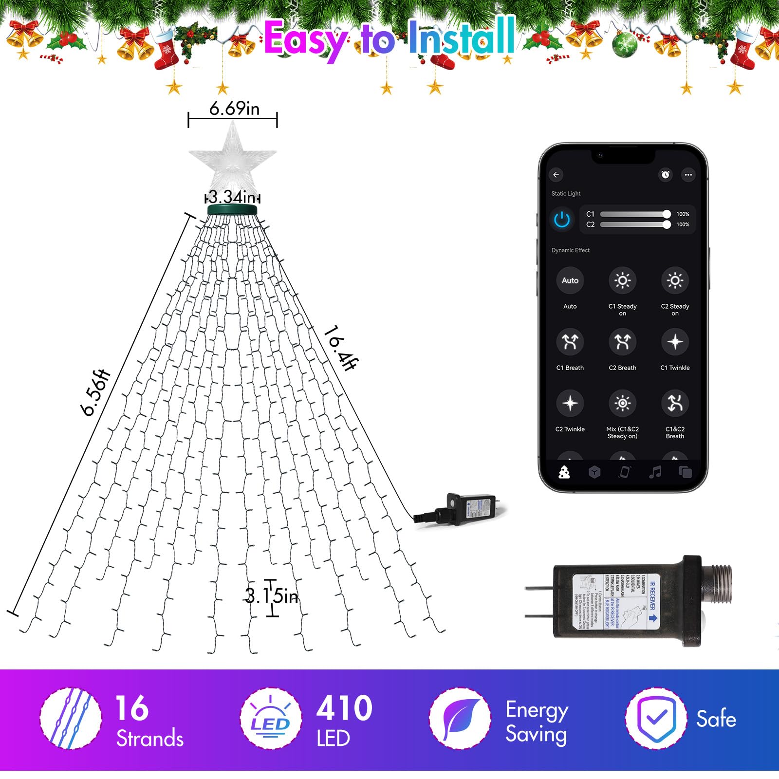 Smart Cascading Twinkle Lights For Christmas Tree, 410Led Christmas Tree Lights App Control Music Sync, 6.6Ft X 16 Lines String Lights For Indoor Outdoor Xmas Tree Decor, Warm White & Multicolor