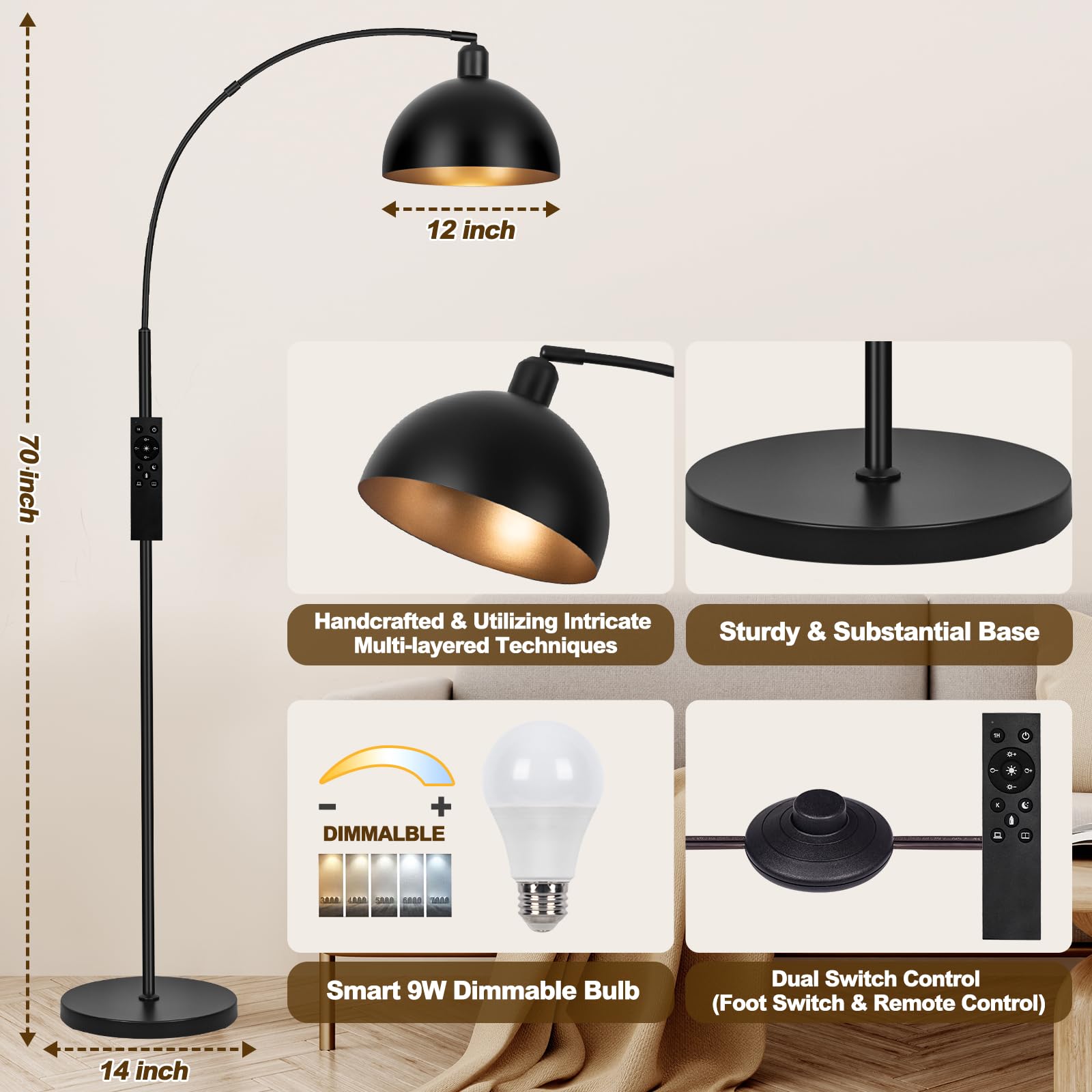 ?Upgraded?Black Arc Floor Lamps For Living Room - Dimmable Arched Floor Lamp With Remote Control & 2700-6000K 9W Led Bulb Includ