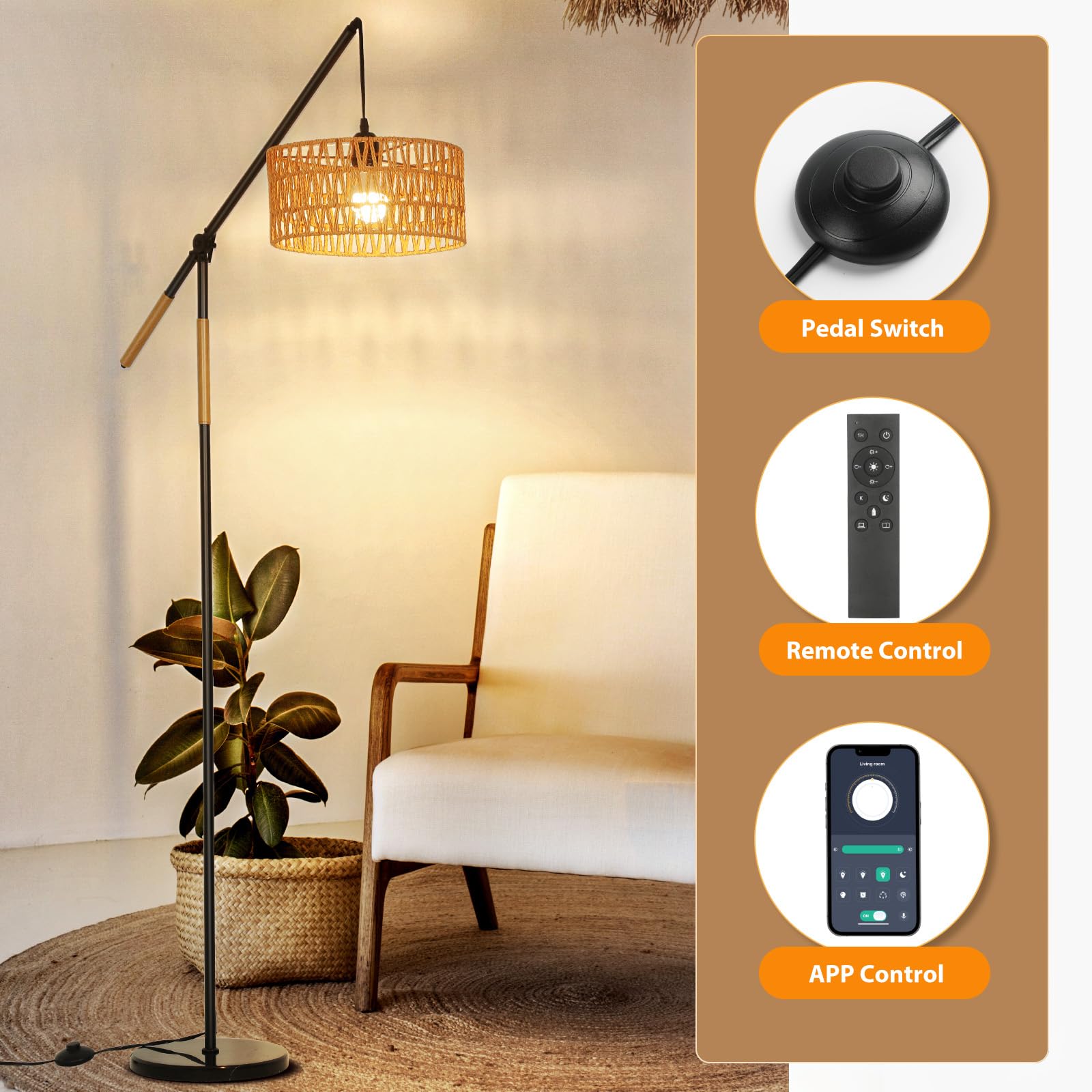 CASENKE Arc Boho Floor Lamp: 68 Rattan Tall Lamps with Remote and APP Control - Standing Black Floor Lampara with Dimmable LED B
