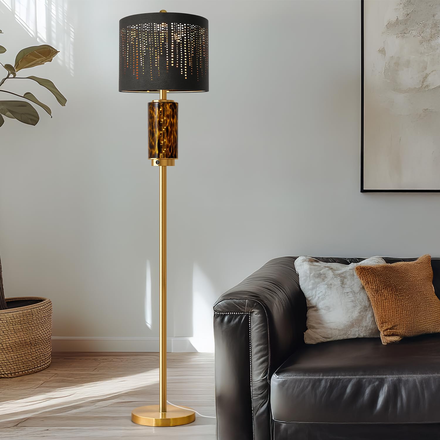 Oneach 63.75'' Floor Lamp For Living Room, Modern Gold Lamp With Led Leopard Glass Night Light, Vintage Standing Lamp, Black Lam
