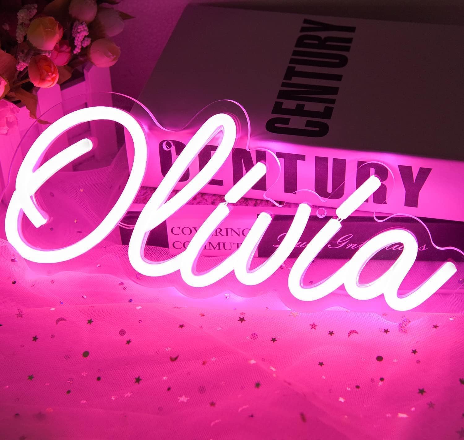 attneon Olivia Name Neon Sign - Custom LED Light for Kids Bedroom, 11.8x5.1 in, Pink, Model JTLD400