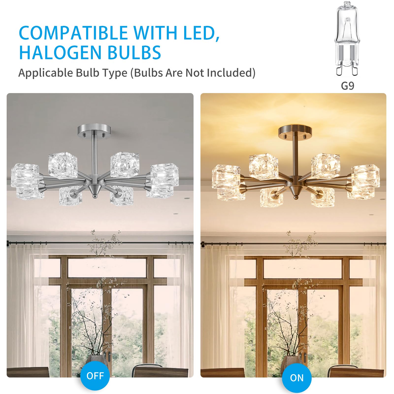 Xingqi Semi Flush Mount Ceiling Light Fixture 8-Light Brushed Nickel Modern Sputnik Chandeliers Lighting Fixtures For Dining Roo