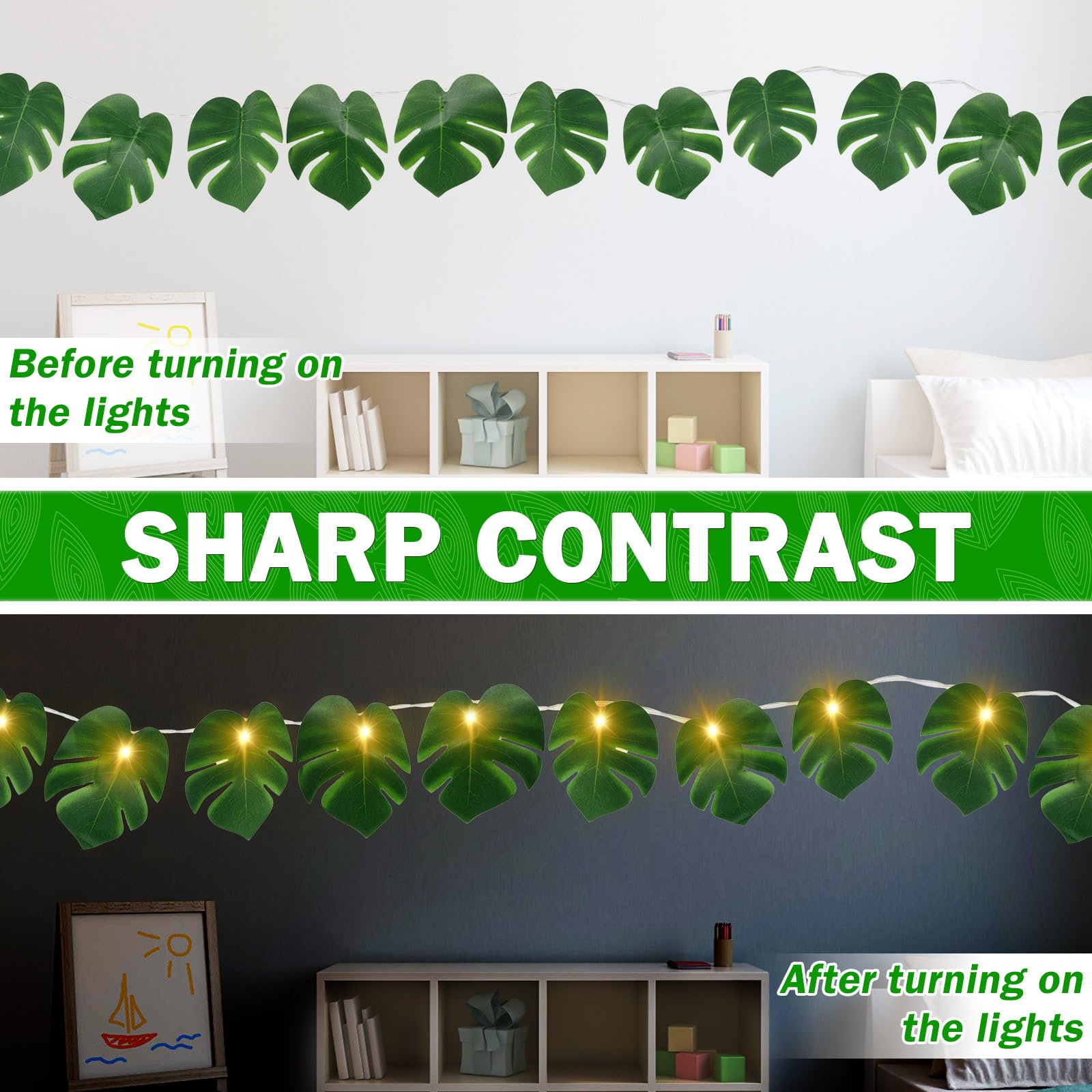 Wohserom 2 Pack Monstera Leaf String Lights  3M/9.8Ft 20 Led Tropical Artificial Palm Leaves String Lights Wall Hanging Vine Leaf For Hawaiian Luau Party Jungle Theme Beach Birthday Home Decorations