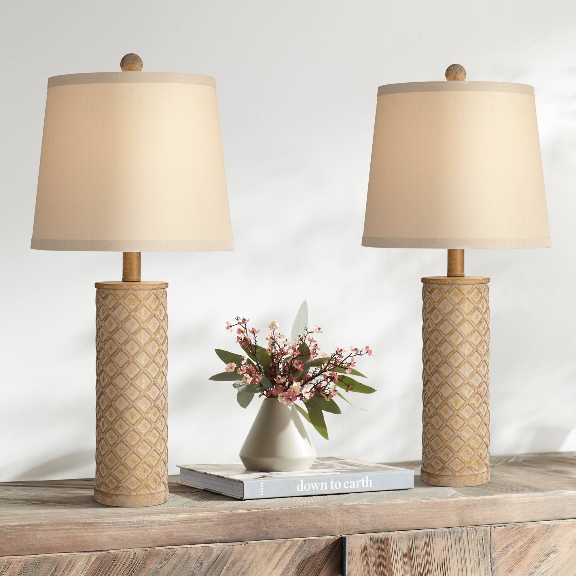 360 Lighting Gisele Table Lamps Set of 2, 24in High, Gold Wash Resin, Tapered Drum Shade, Traditional Cottage Style