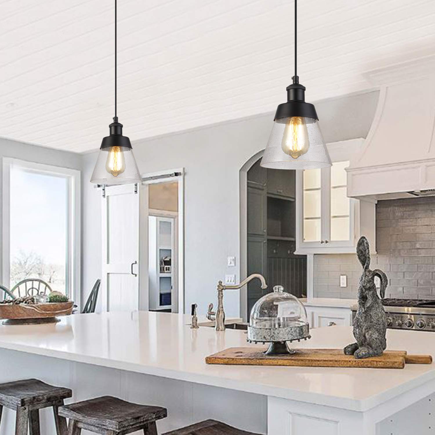 Fivess Lighting Industrial Glass Pendant Light, Mini Pendant, Black Metal, Adjustable, Handblown Clear Seeded Glass Shade