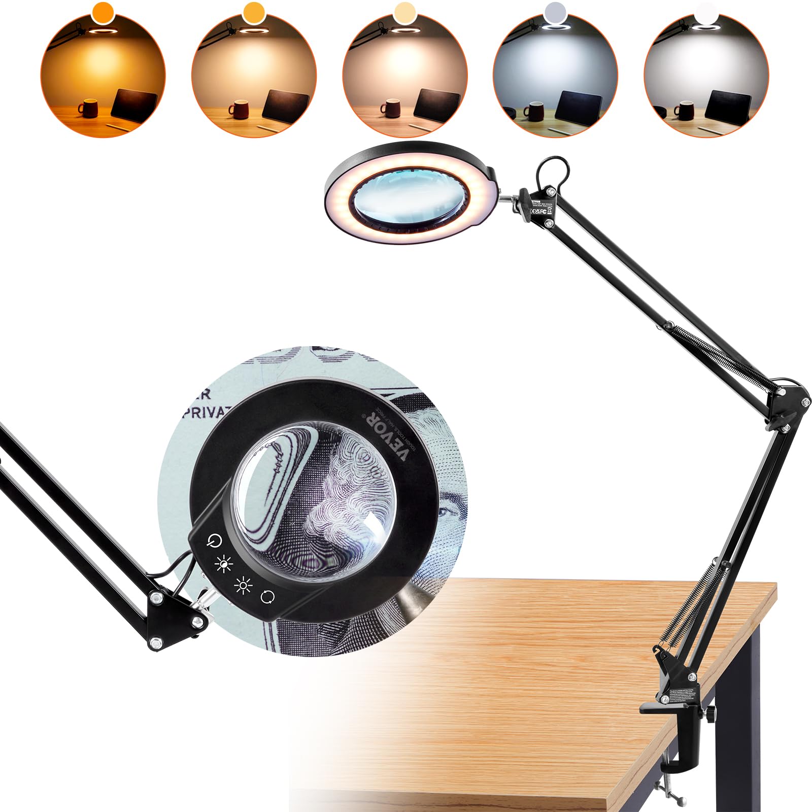 VEVOR Magnifying Glass with Light, 5X Magnifying Lamp, 4.3" Glass Lens, Desk Magnifier with Light, 64 LED Lights 5 Color Modes, with Clamp for Close Work, Reading, Repair Crafts