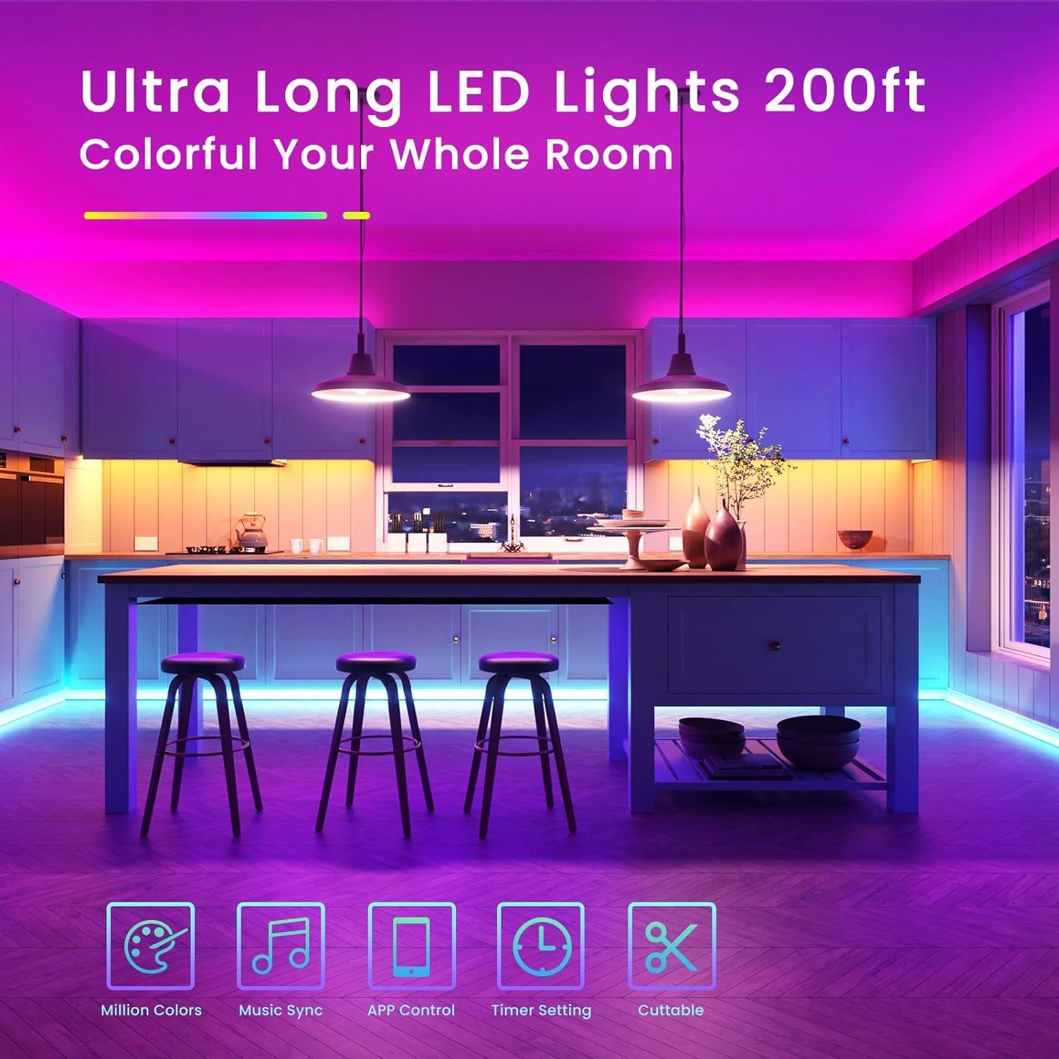 Tjoy 200Ft Bluetooth Led Strip Lights, Long Strip Lighting Music Sync, Rgb Color Changing Led Lights For Bedroom With Remote,Sma