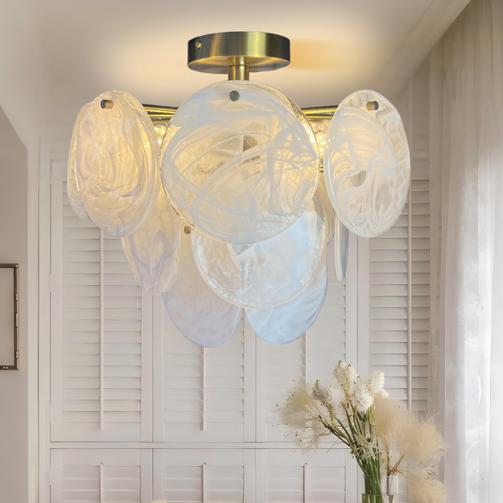 Axamate 24in Gold Crystal Chandelier Modern Pendant Lighting 6-Light Round Crystal Chandeliers for Kitchen Island Cloud Glass Mu