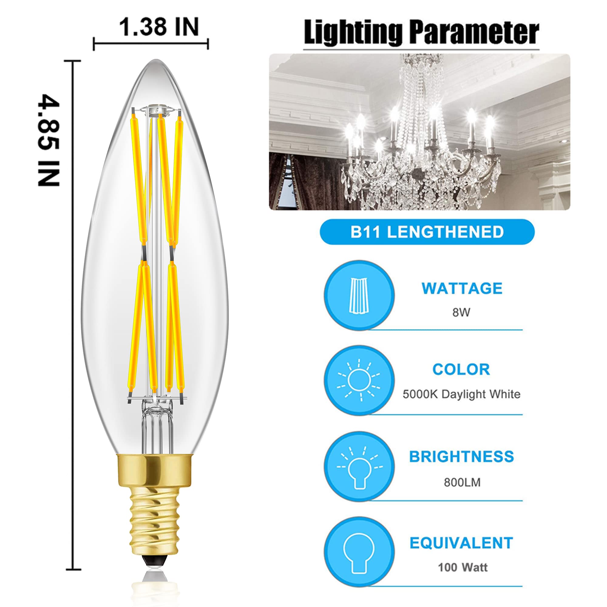 E12 Candelabra Bulbs 5000K Cool White,Dimmable Led Bulbs 8W,Candle Bulb 100 Watt Equivalent,Chandelier Light Bulbs 4.85In,Led Li