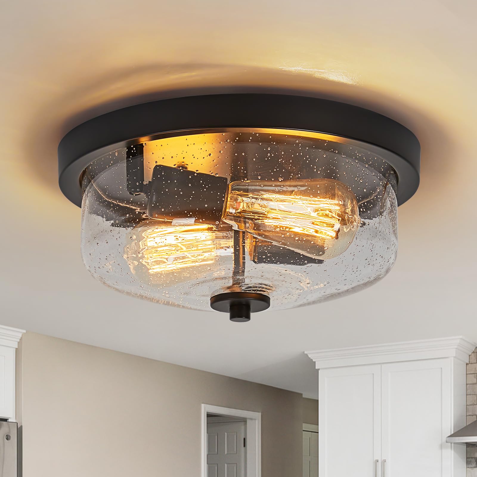 Foucasal Black Flush Mount Ceiling Light Farmhouse Outdoor Porch Light Fixtures With Seeded Glass Shade, 2-Light for Kitchen Hal