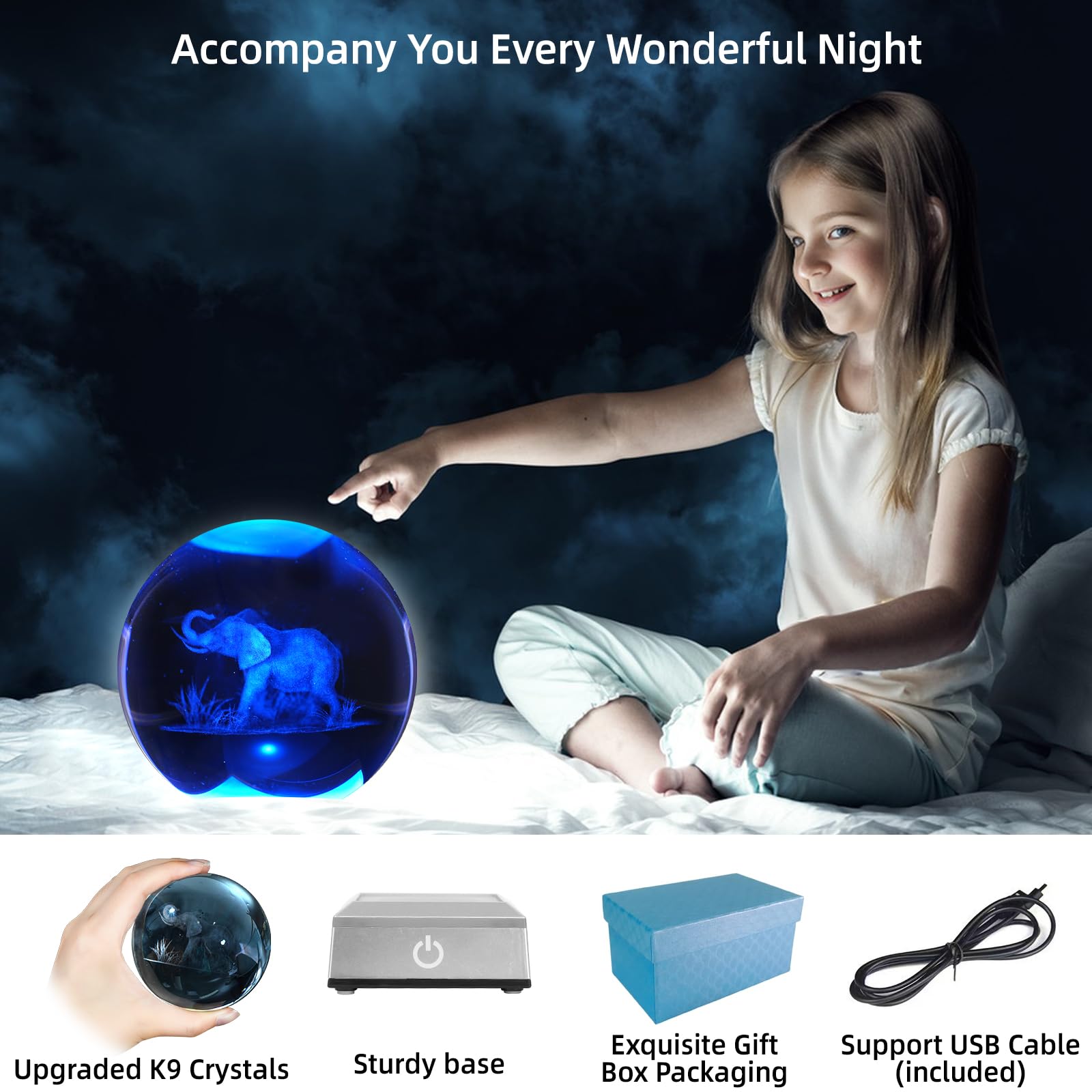 Oriamde 3D Elephant Crystal Ball Night Light 3.15 Inch Glass Ball Table Lamp With Color Changing Touch Base Decor Ideal Elephant