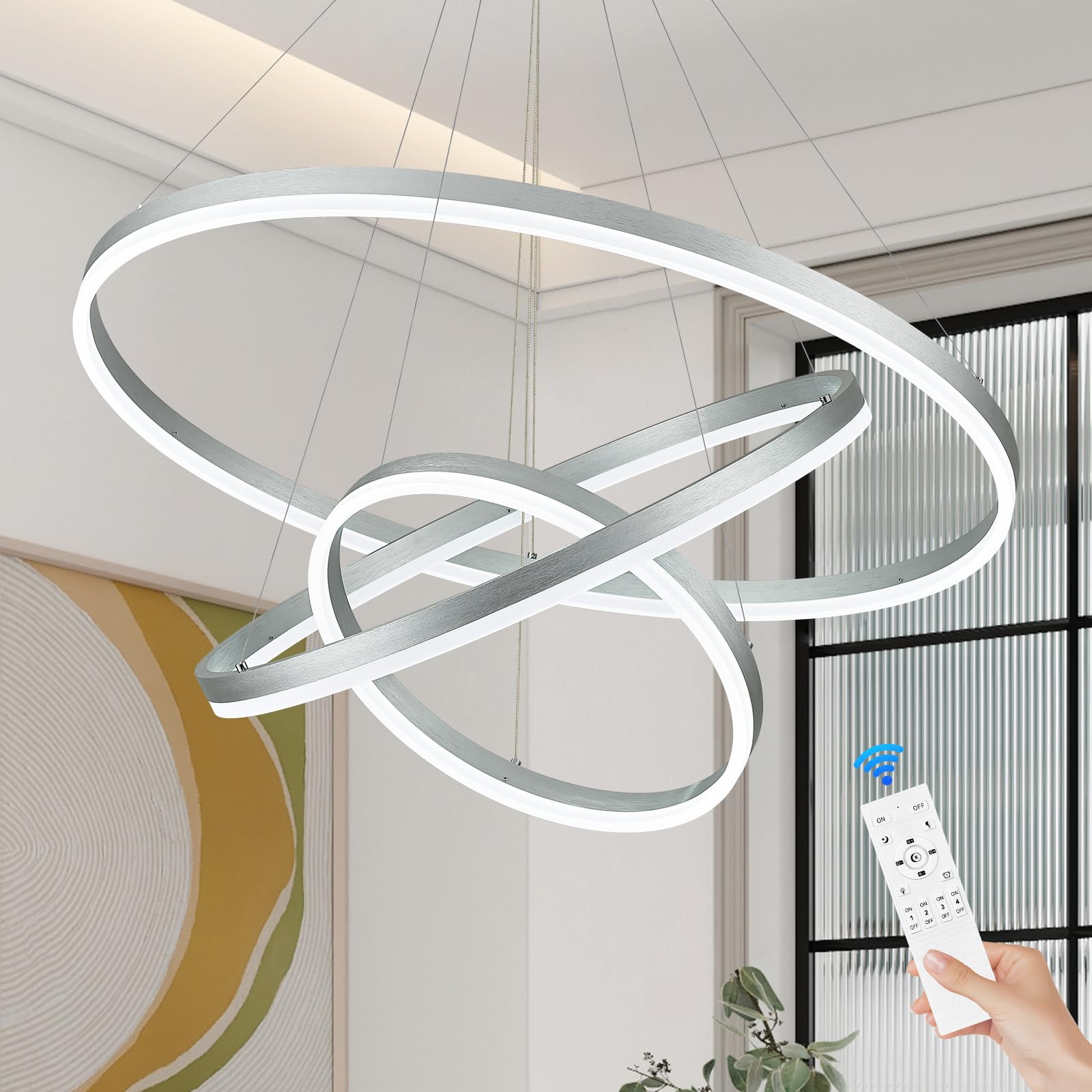 Benkut LED Chandelier Pendant Light, Dimmable, 3 Ring, Silver, Remote Control, High Ceiling, Model P60-3SDC1