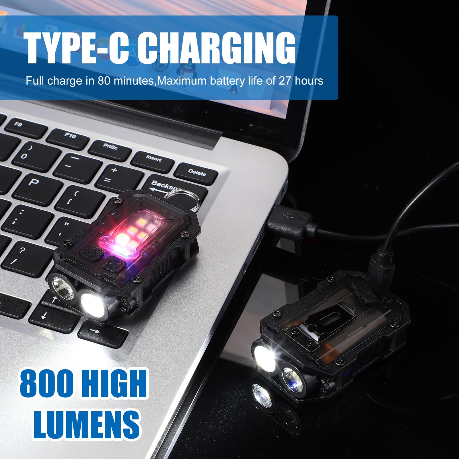Rossesay 3 Pcs Mini Edc Flashlight Rechargeable Small Keychain Flashlight With White Red Blue Light, 800 High Lumens Pocket Usb