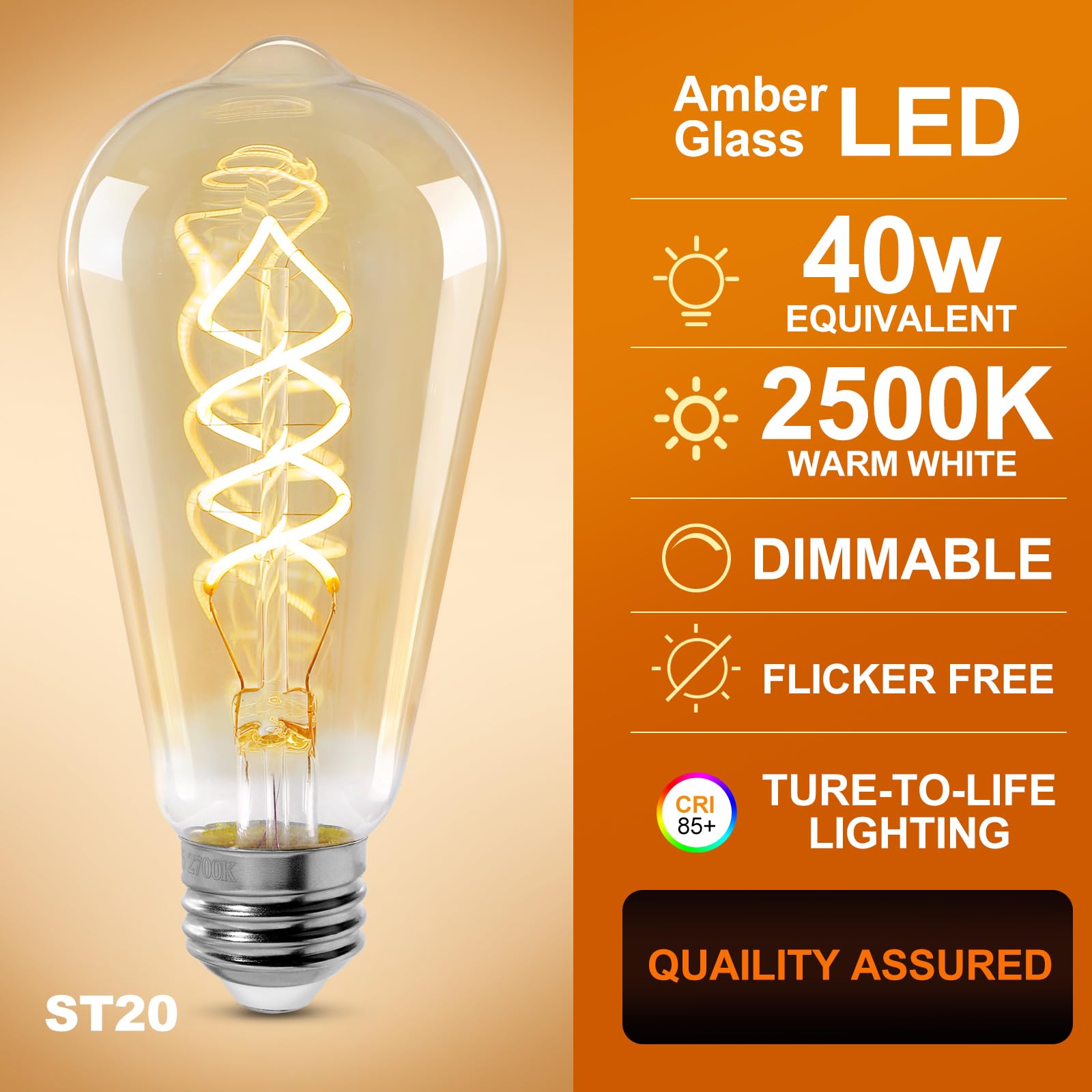Decoaui St64 Led E26 Vintage Edison Light Bulbs, Light Amber Glass, Dimmable, 4W(40W Equivalent) 300 Lumin, 2500K Warm White, Sp