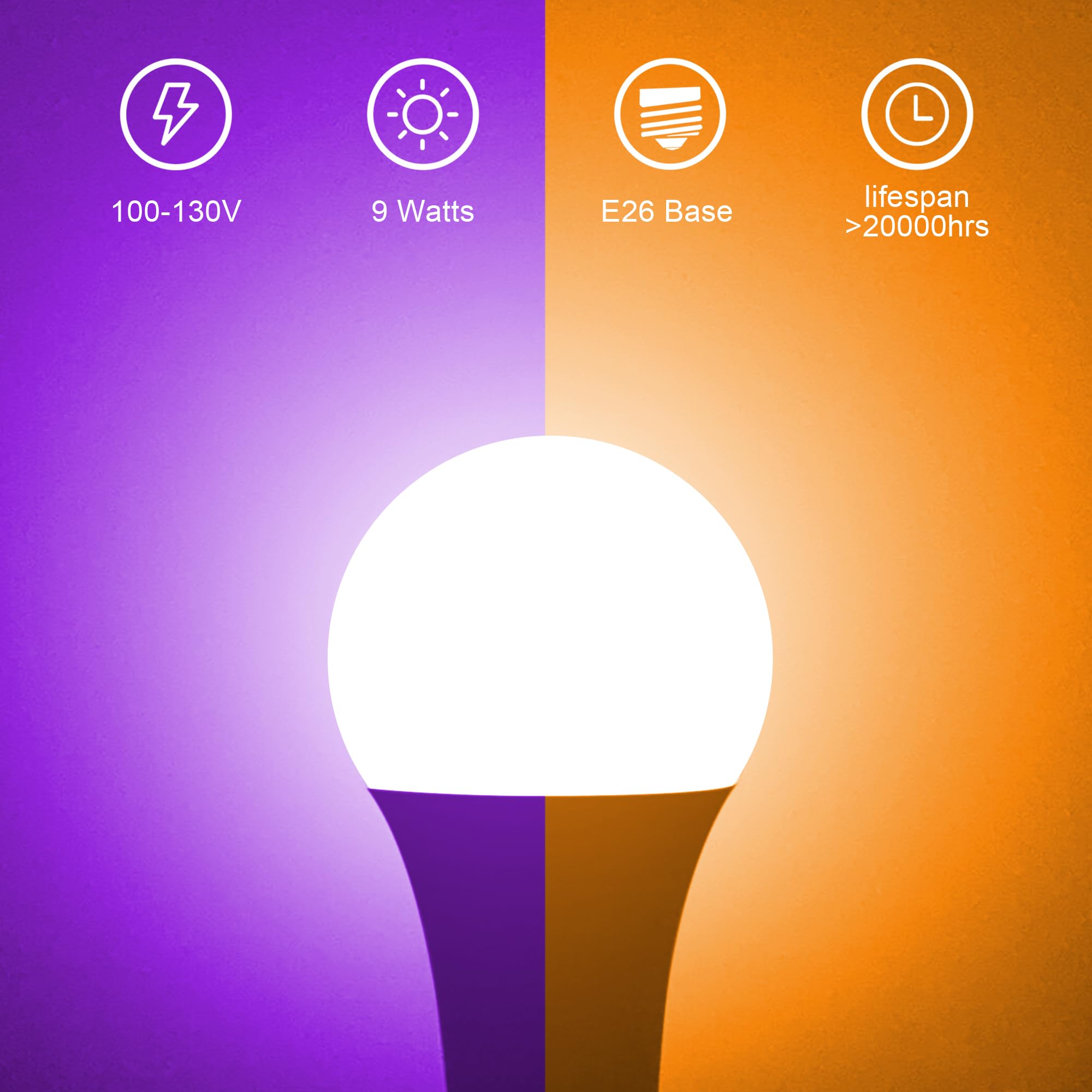 Flaspar 4 Pack Halloween Light Bulb  Led A19 Orange Purple Light Bulbs  Led Orange Light 9W (60W Equivalent) E26 Base Colored Light Bulbs For Halloween Party Decoration  Holiday Lighting Non-Dimmable