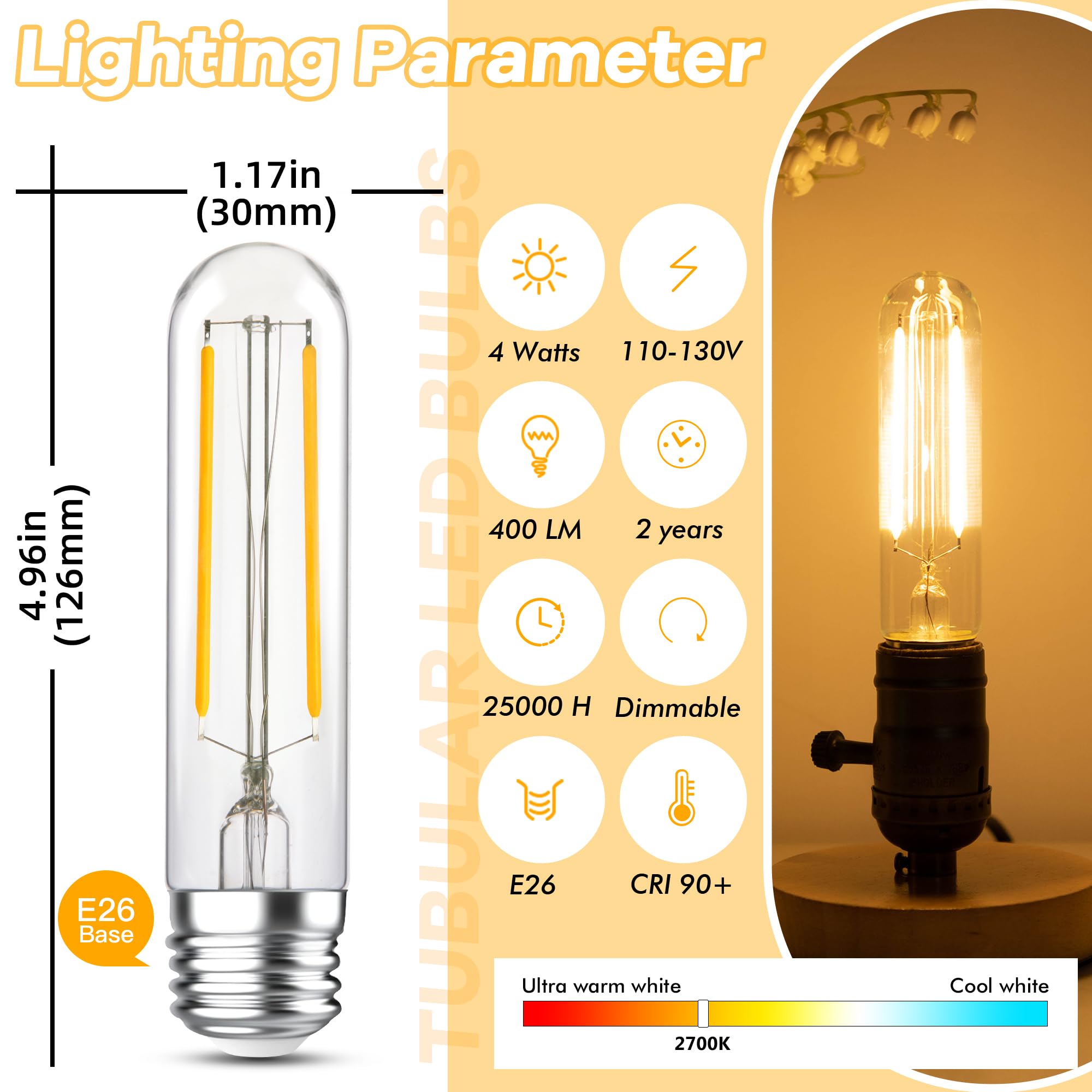 Grensk Dimmable E26 Led Tubular Light Bulbs 40Watt, 4.96 Inches T10 T30 4W 400Lumens Vintage Edsion Bulbs,2700K Warm White Filament Light Bulbs For Chandelier Light Or Industrial Wall Sconces,2 Pcs