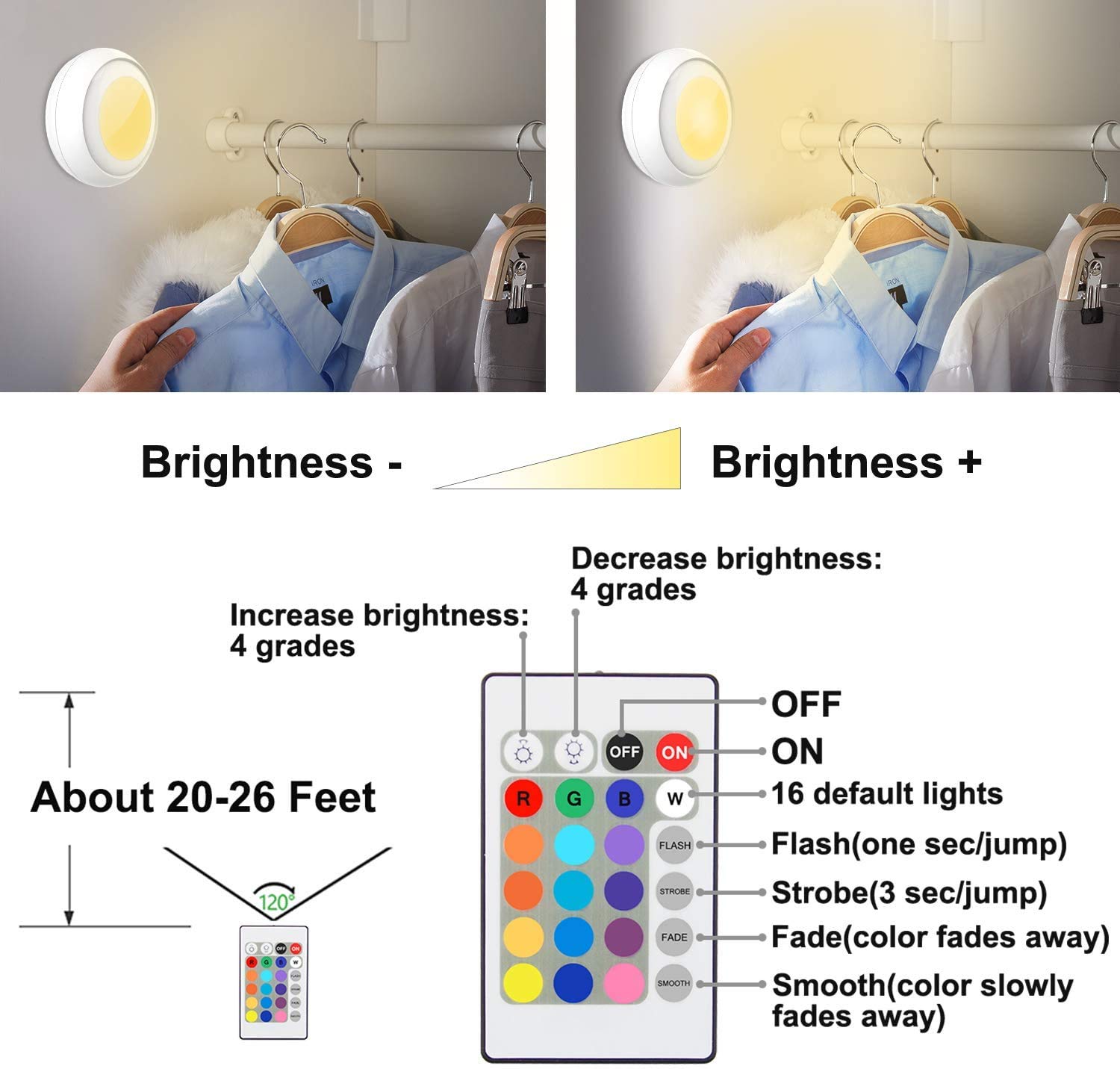 LUXSWAYWAY Battery LED Puck Lights with Remote, 16 Color Changing, Wireless Tap Dimmable, Model DY38IR-16C-4+2, RGB - 4 Pack