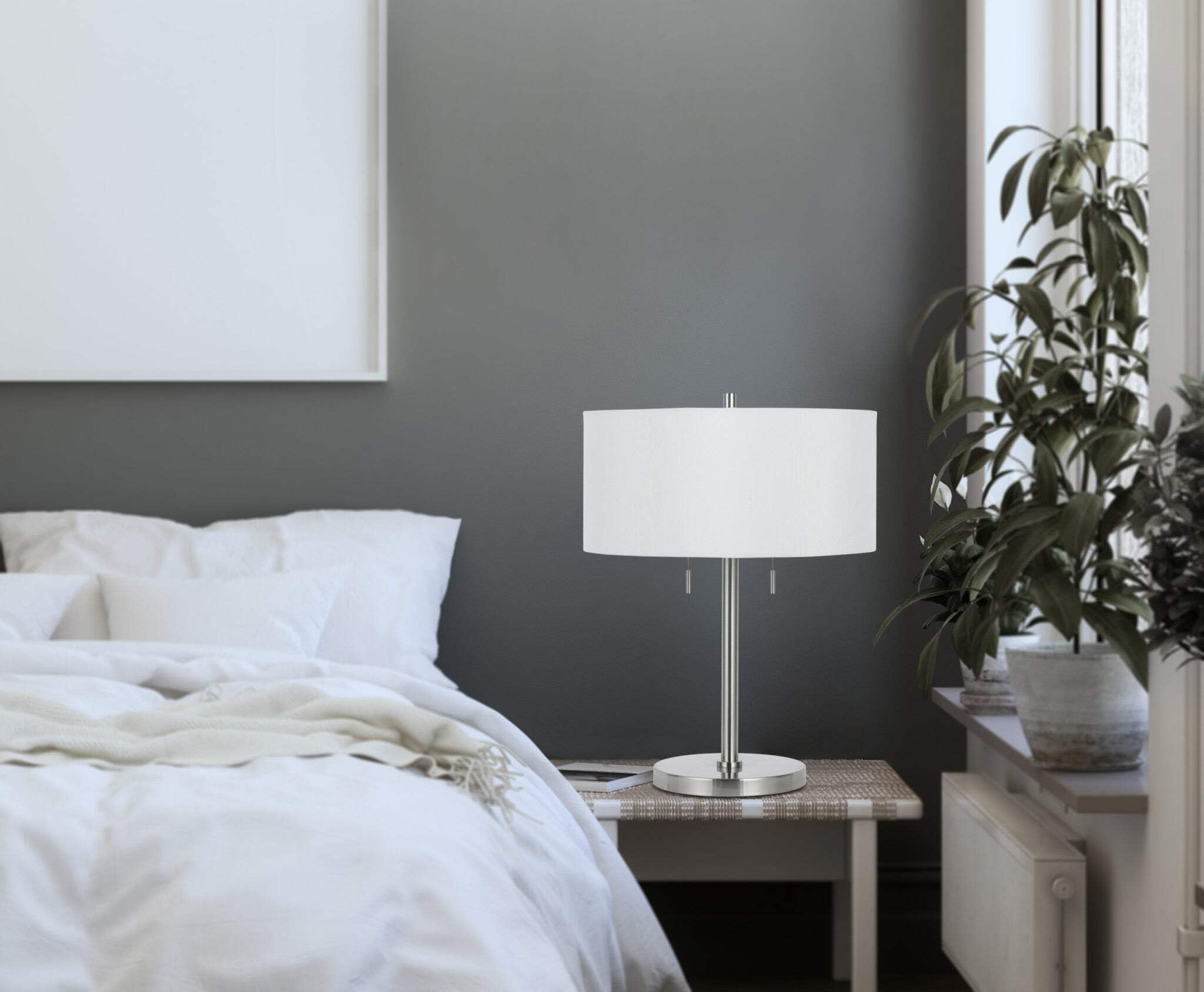 HomeRoots 24 in. Nickel Metal Two Light Table Lamp with White Shade, Model 524693