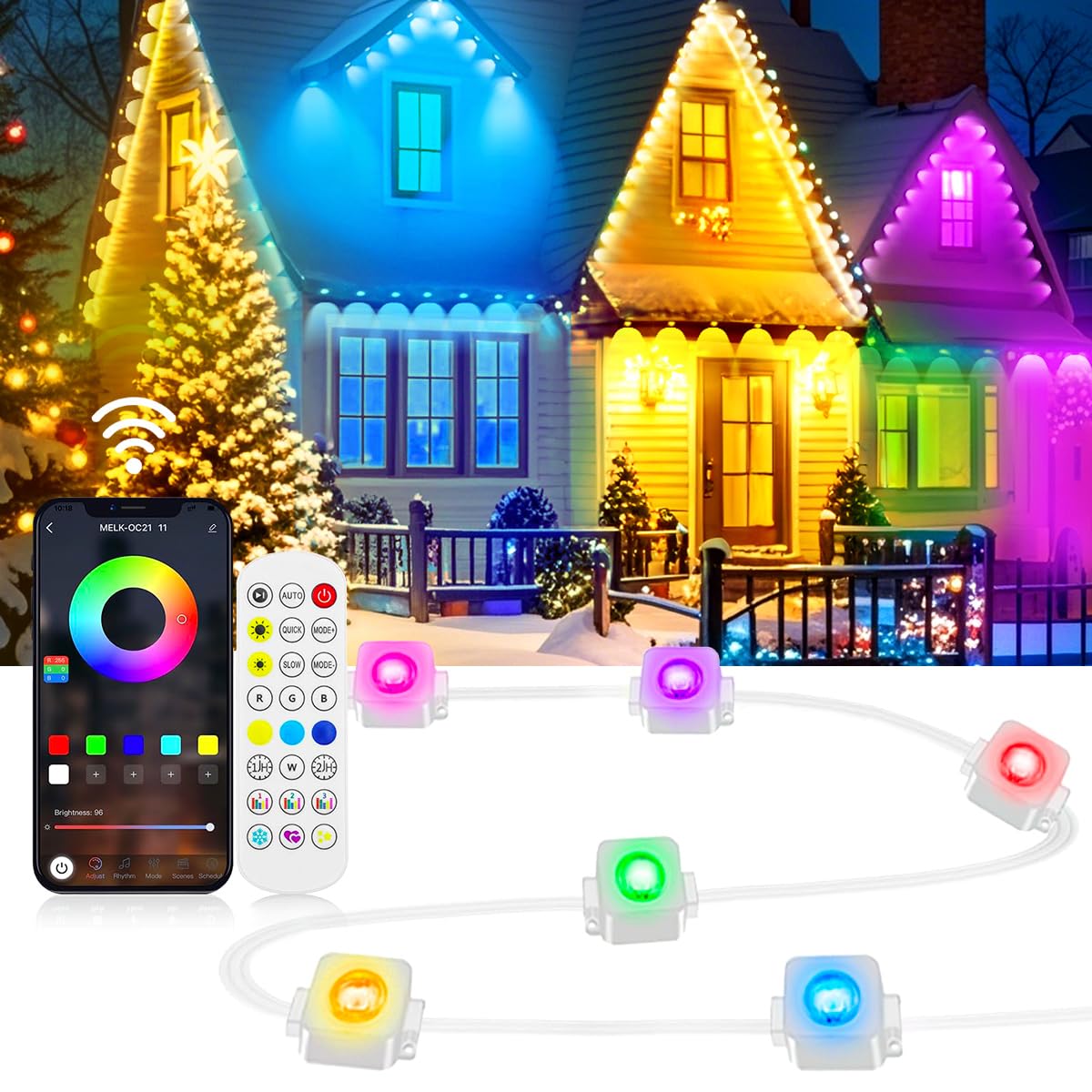 RaThun Permanent Outdoor LED Lights 100ft - 60 LEDs Smart RGB+IC with 72 Scene Modes, Triangle Optics & IP68 Waterproof (-20C to