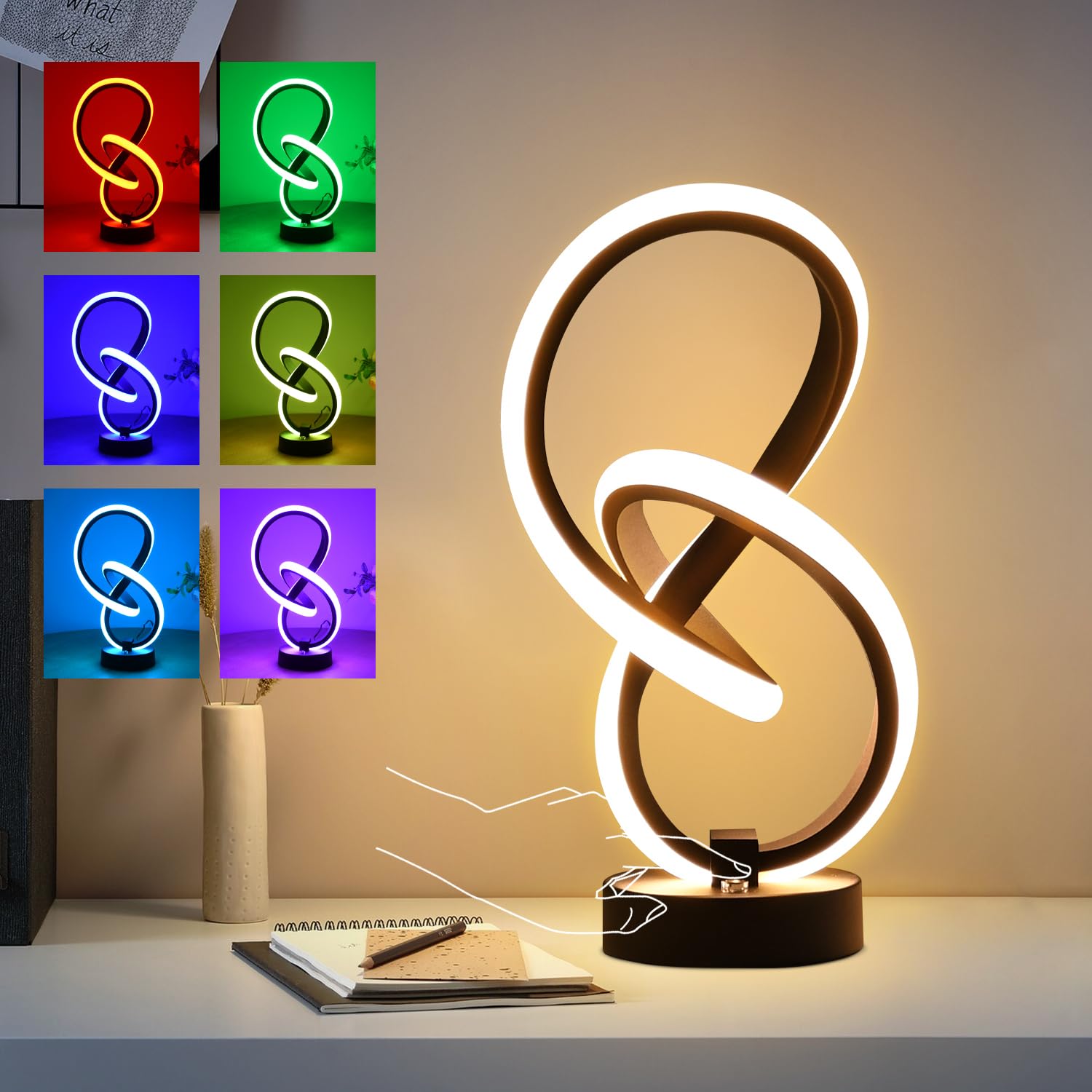 Vocevos 2 Pack Led Spiral Table Lamp Set, 3 Way Dimmable Rgb Nightstand Light For Bedroom