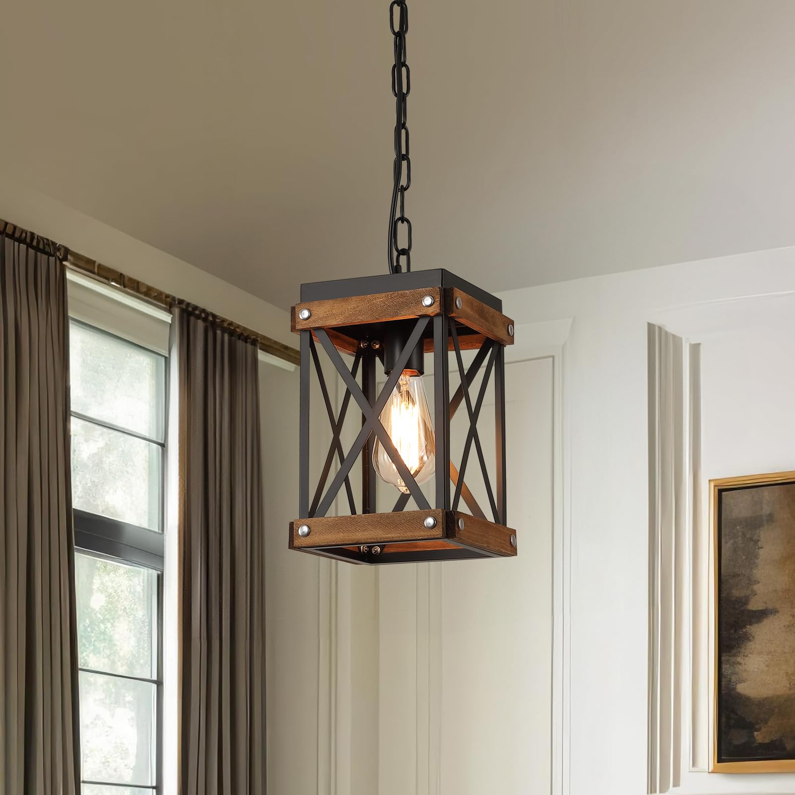 2 Pack Rustic Farmhouse Wood Pendant Light Fixture One-Light Adjustable Chain Oak Wood And Metal Lantern Cage Small Pendant Lighting For Kitchen Island Sink Hallway Farmhouse Bathroom Bar  Black