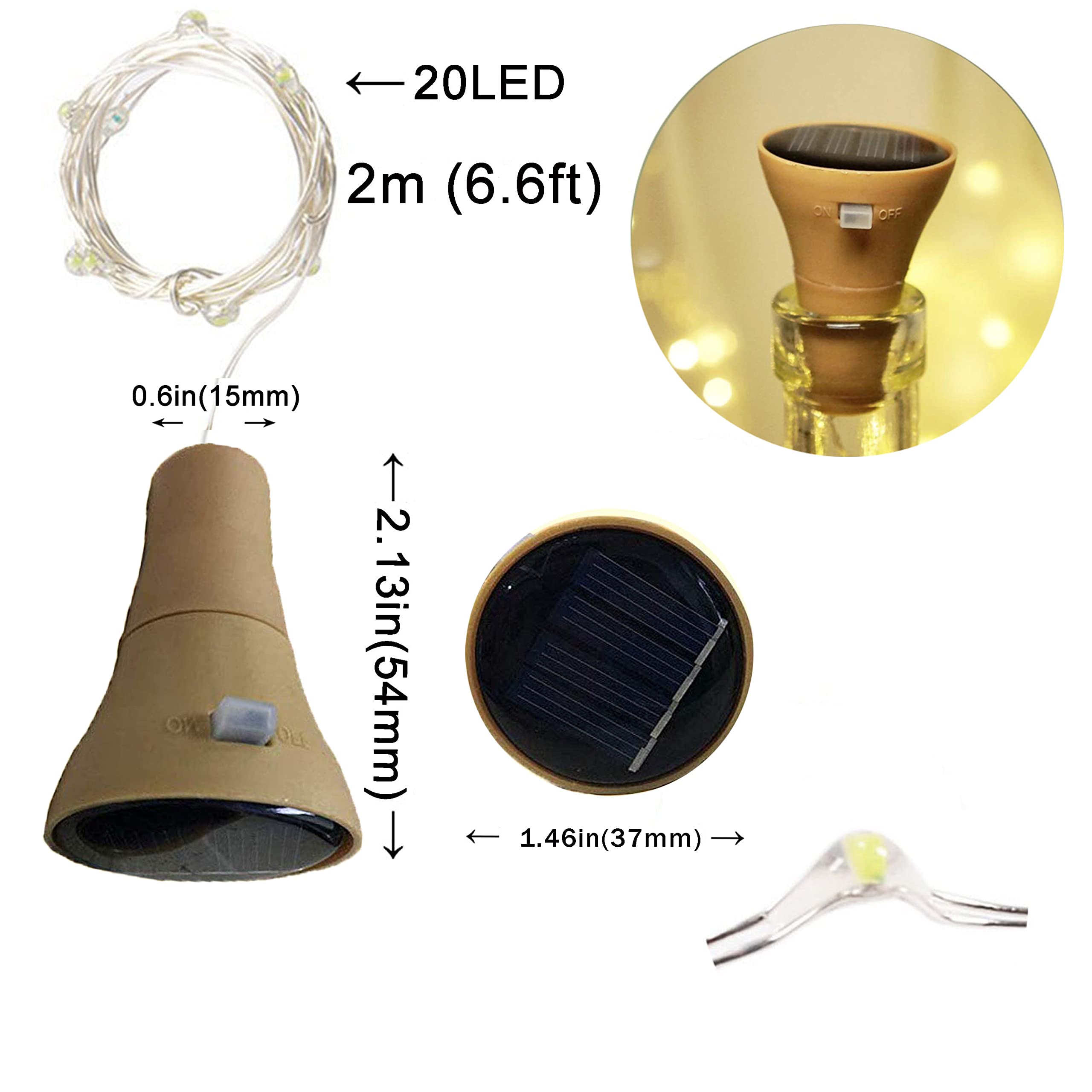 6 Pack Solar Powered Wine Bottle Lights, 20 Led Waterproof Copper Cork Solar Lights For Wedding Christmas, Outdoor, Holiday, Garden, Patio, Pathway Decor (Warm White)