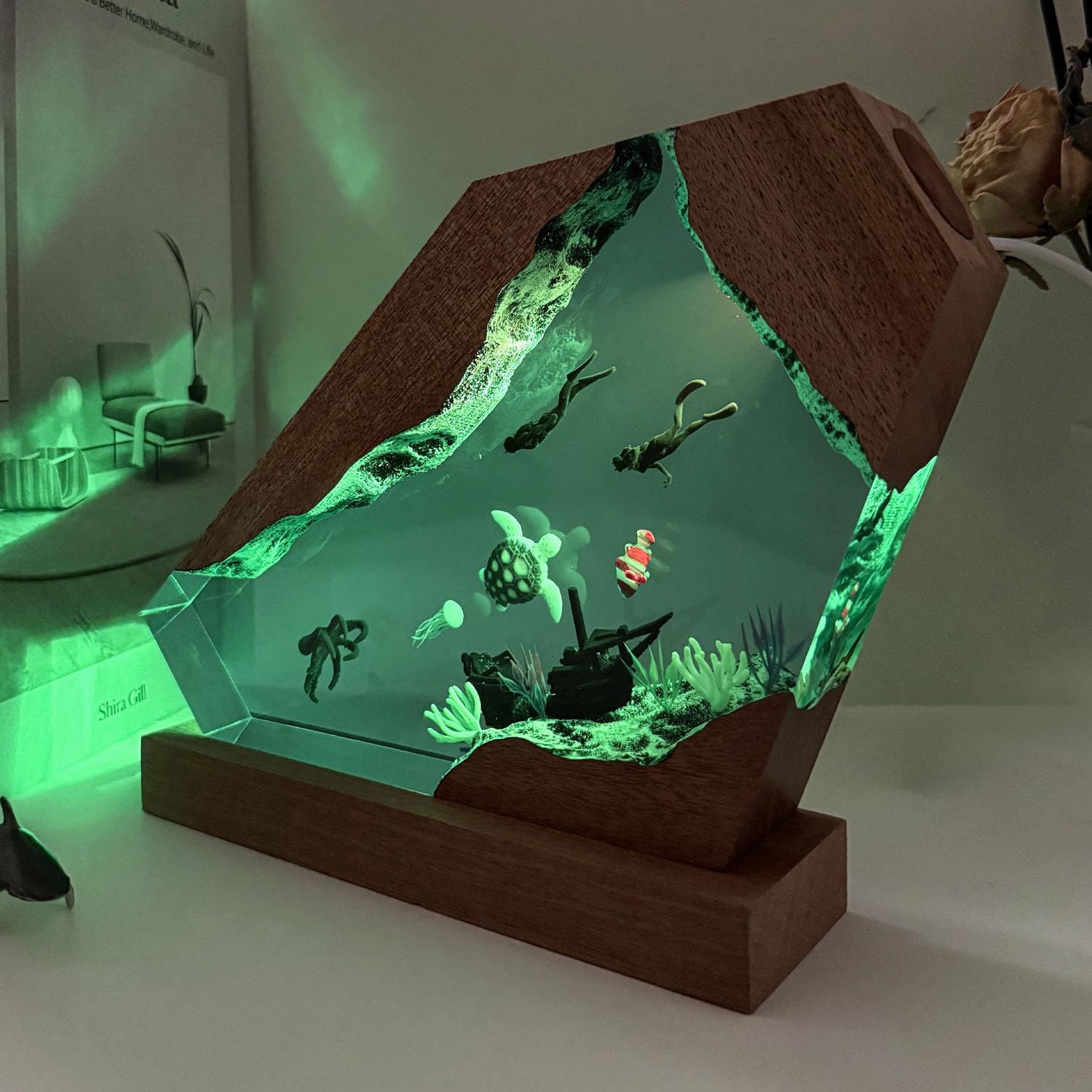 Nice Hera Octopus Ocean Resin Lamp  Handmade Wooden Table Resin Night Light  Usb Port Art Ornaments For Home Office Decor  Scuba Diver Gifts For Birthday Holiday  ValentineS Day Gifts For Husband