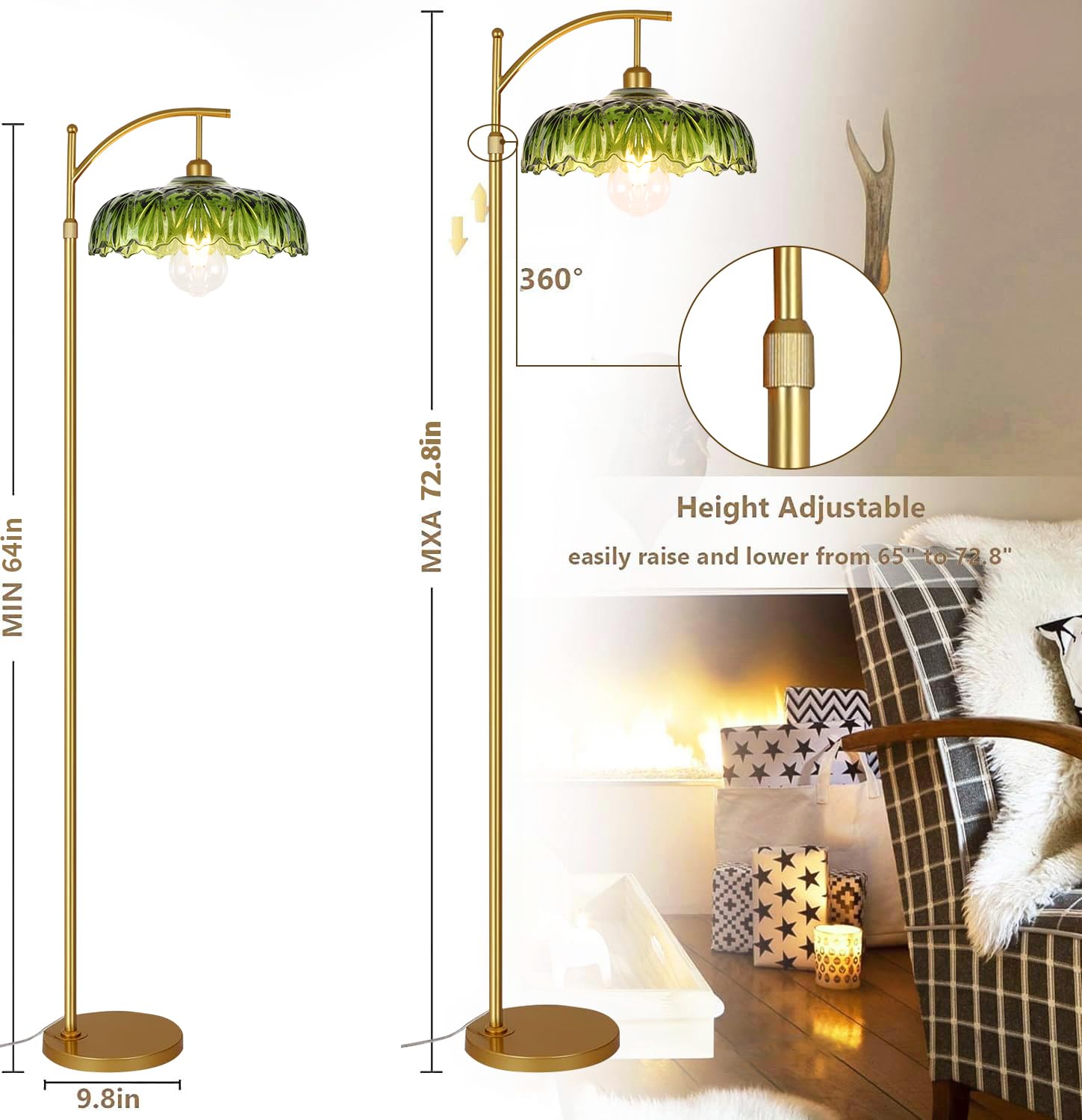 Illmtw Glass Floor Lamp For Living Room,Bedroom,Gold Standing Lamp With Remote,Dimmable Brass Mid Century Modern Tall Lamp Vinta