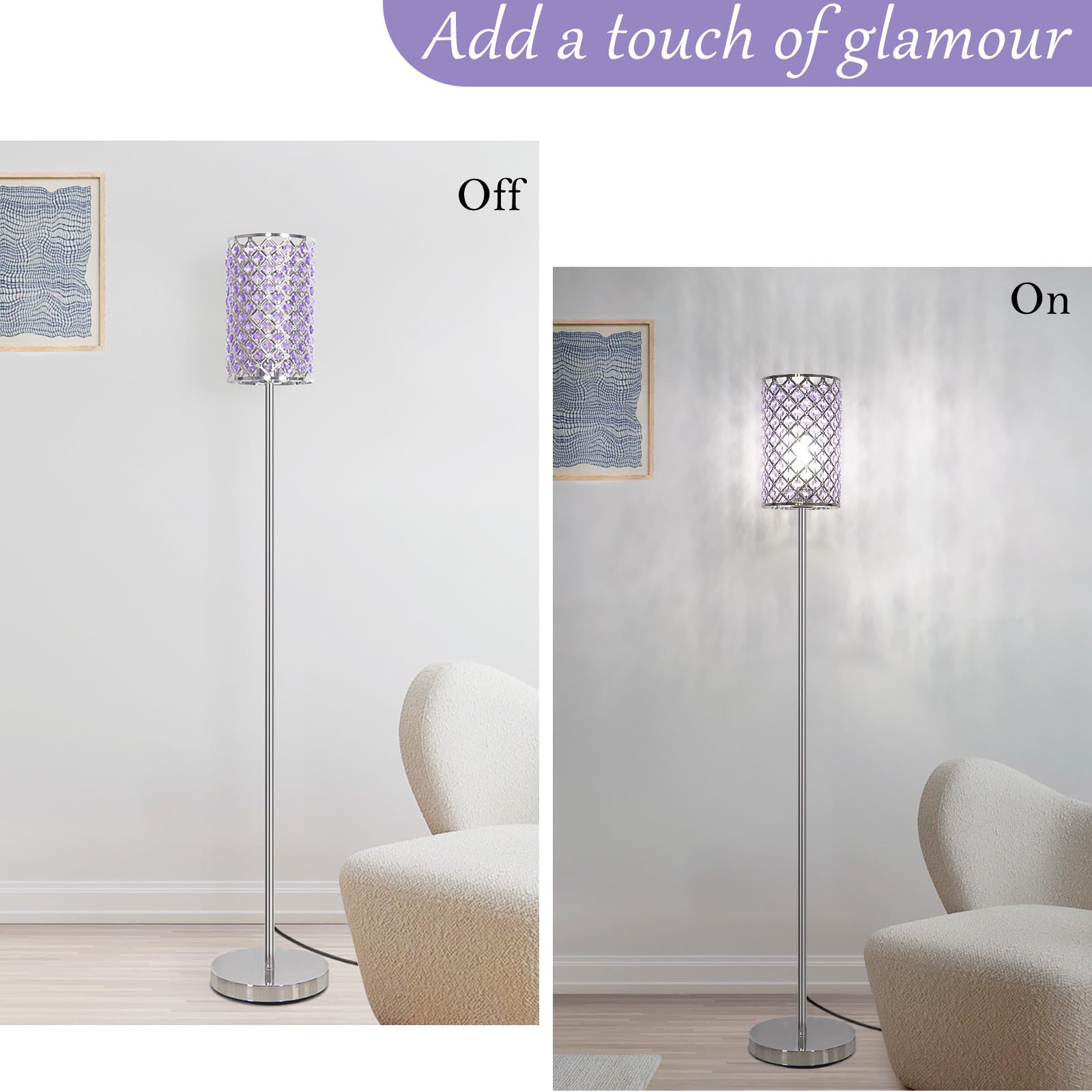 Floor Lamp For Bedroom, Lavender Crystal Floor Lamp With Glam Shade, Elegant Standing Lamp With On/Off Foot Switch & Silver Base
