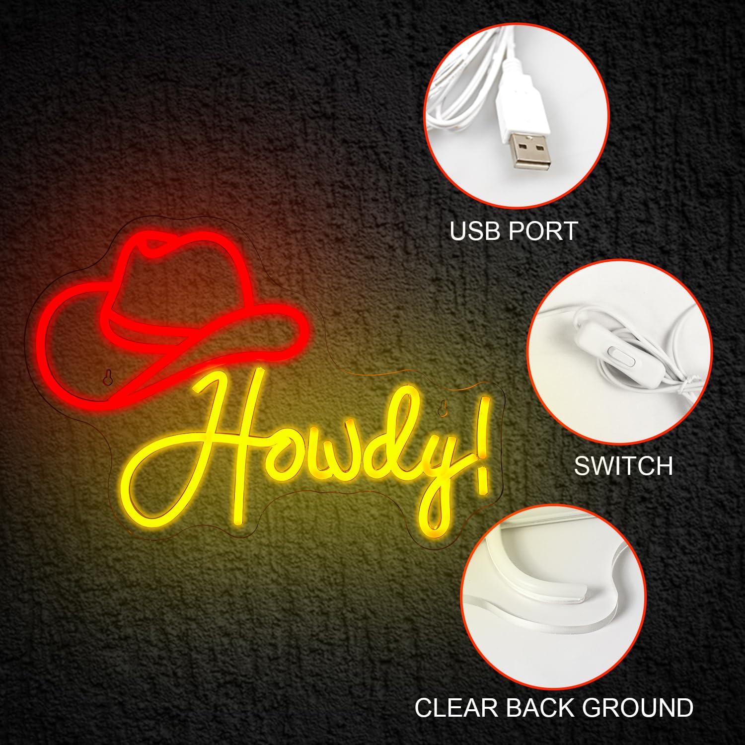 ineonlife LED Cowboy Hat Neon Sign, Red Acrylic Wall Decor, USB Powered, 16.5 x 11 in, Model QY-1200
