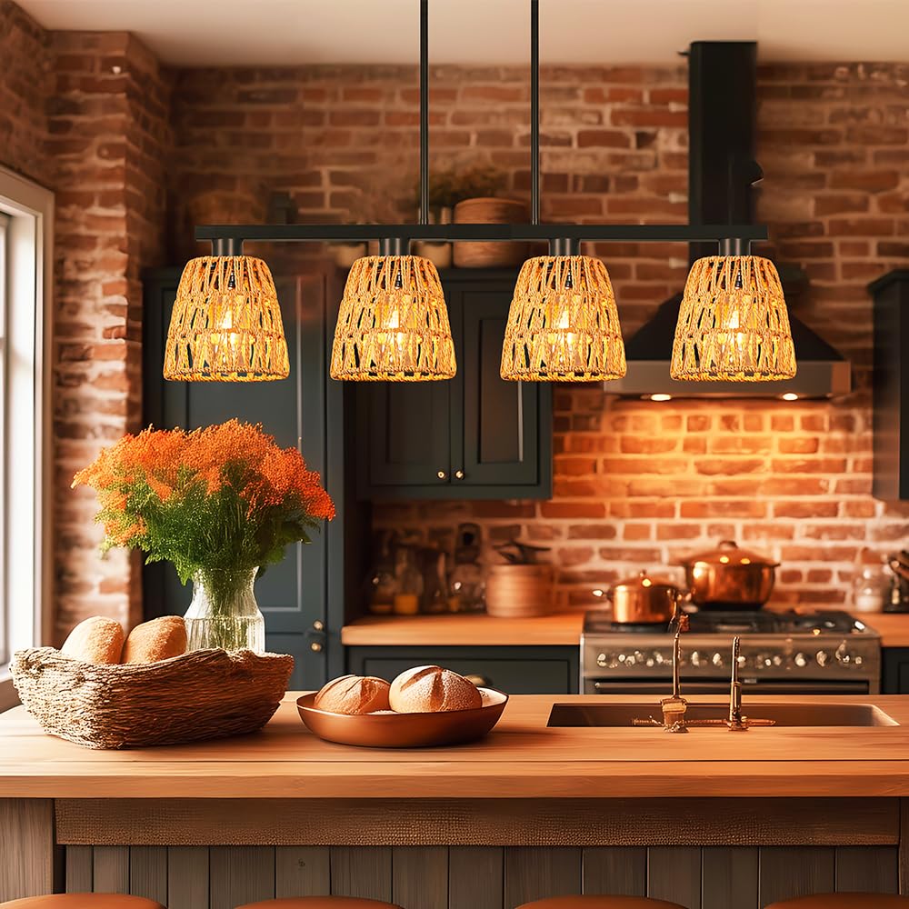 Black 4-Light Kitchen Island Lighting  Boho Rattan Dining Room Light Fixture  Farmhouse Island Light For Kitchen With Shade  Adjustable Linear Chandelier Pendant Lights Kitchen Island Over Bars  Table