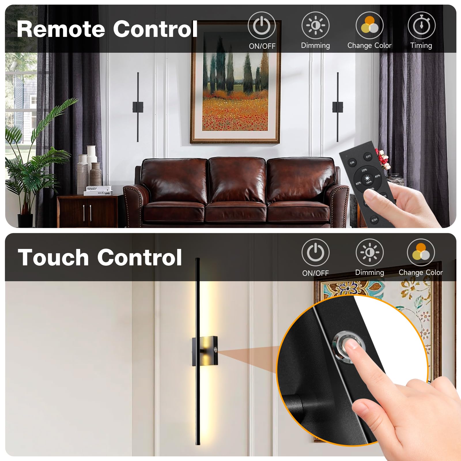 TPSHPTS Battery Operated Wall Sconces with Remote Control, USB Rechargeable, 3 Color Dimmable, 3 Packs, Black, Model XT-B-03