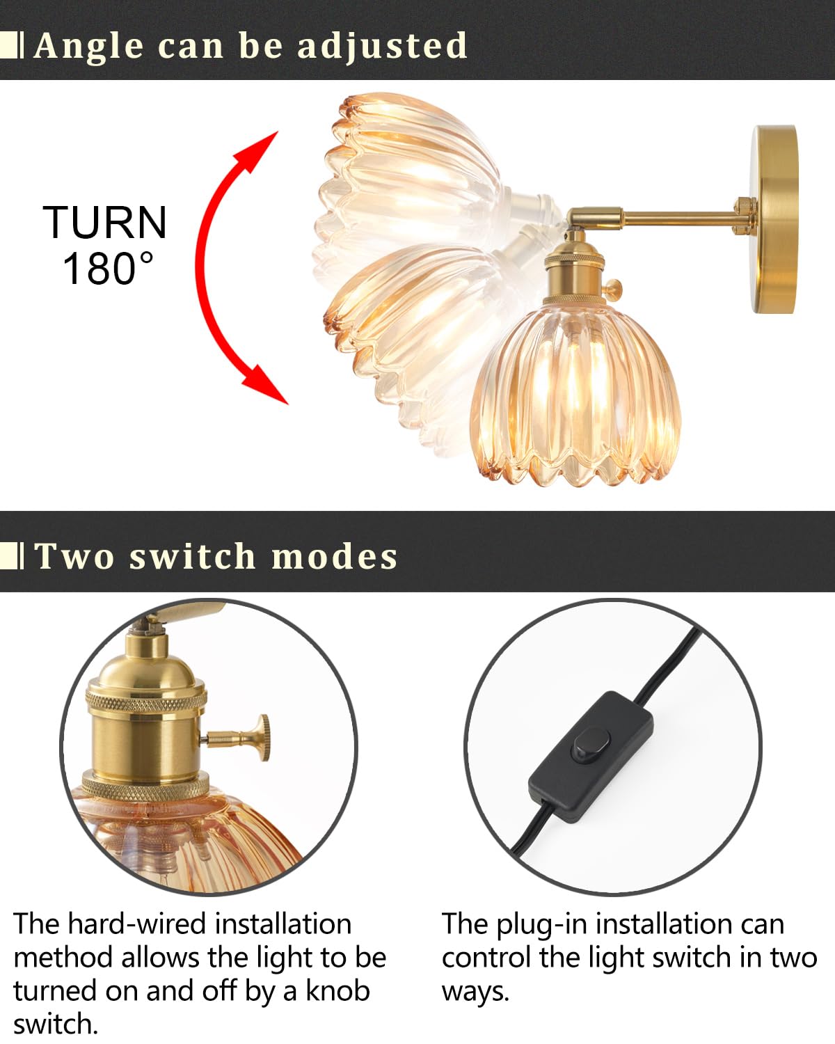 Plug In And Hardwired Wall Sconces, Luxury Vintage Tulip Crystal Glass Shade Wall Light With Switch For Bedside Bedroom Living R