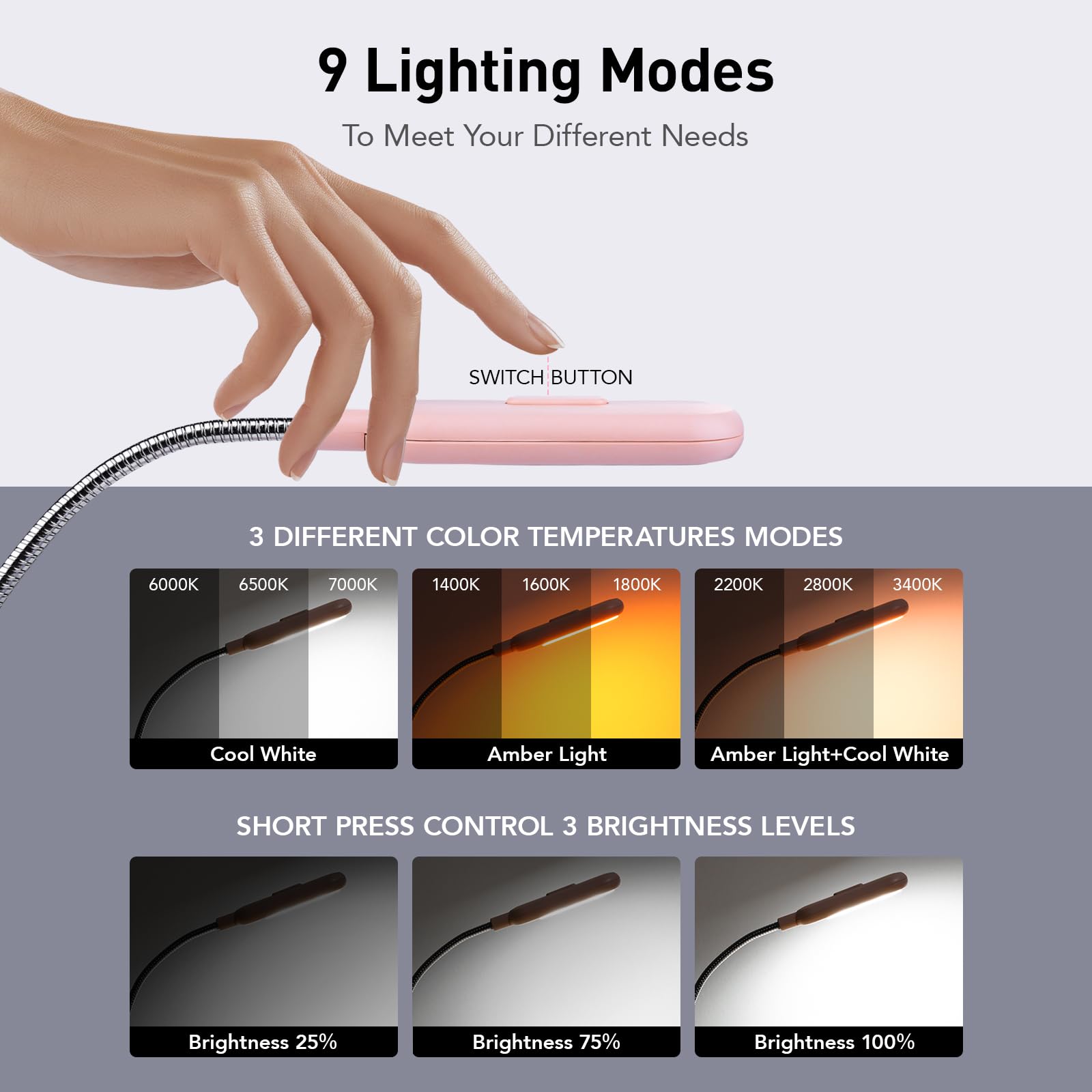 VAVOFO Rechargeable Book Light, Amber 1600K, 7 LEDs, Clip On, 1-Pack, Pink, Model KM-6720A