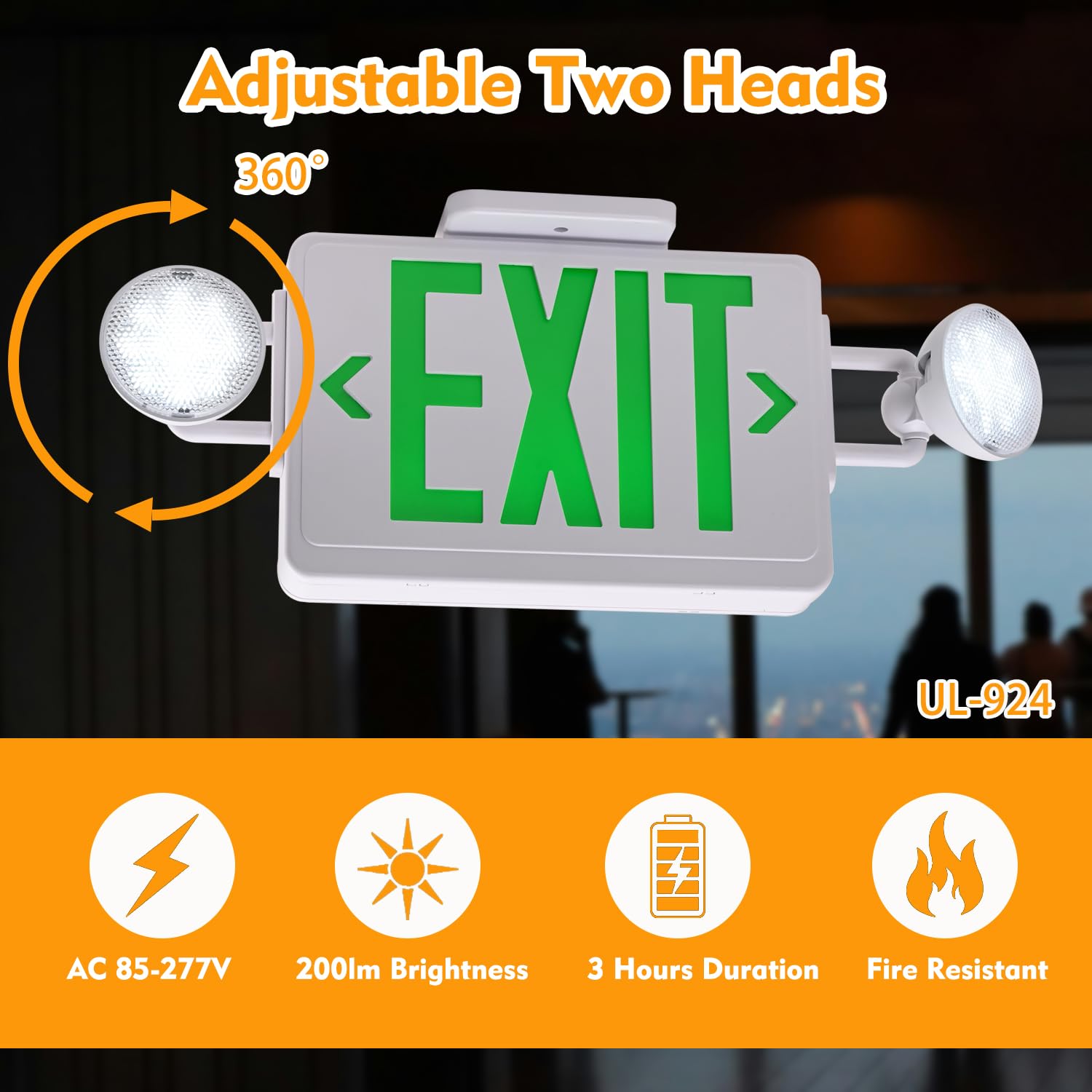 Apmeetlux Led Exit Signs With Emergency Lights,200Lm 3Hours Green Emergency Exit Sign With Lights Battery Backup, Double Face Ul