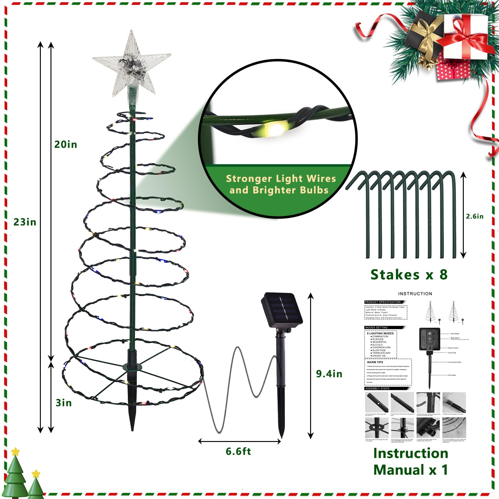 Bstge Outdoor Christmas Tree Lights, 20in Warm White Solar Pathway Lights, Waterproof, 8 Modes, 2 Pack for Garden Patio Yard