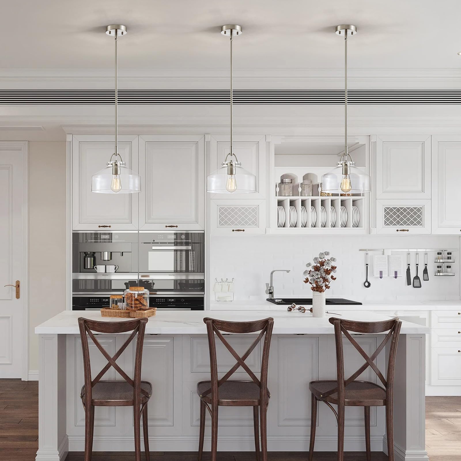 WUZUPS Chandelier Pendant Light, Rustic Farmhouse Round, 9.4"H x 10.6"W, Brushed Nickel, Clear Glass Shades, Model USHD0351N