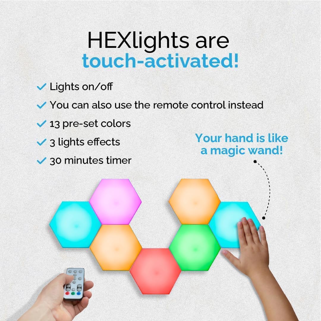 Emberela HEXlights 7-Pack RGB Hexagon LED Wall Panels - Touch & Remote Control, Plastic, Game Room Decor, Model ESEMHL-7