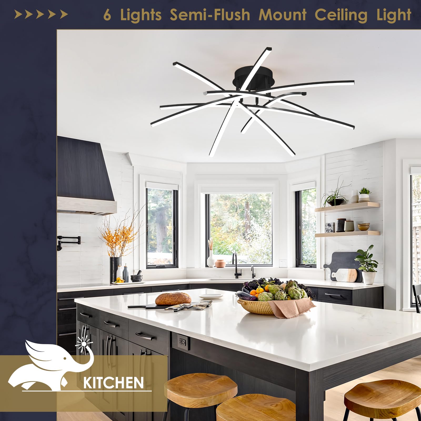 Airyphant Modern 32.8'' Led Chandelier Ceiling Light 6-Lights Black Dimmable Semi Flush Mount Ceiling Light Fixtures With Remote